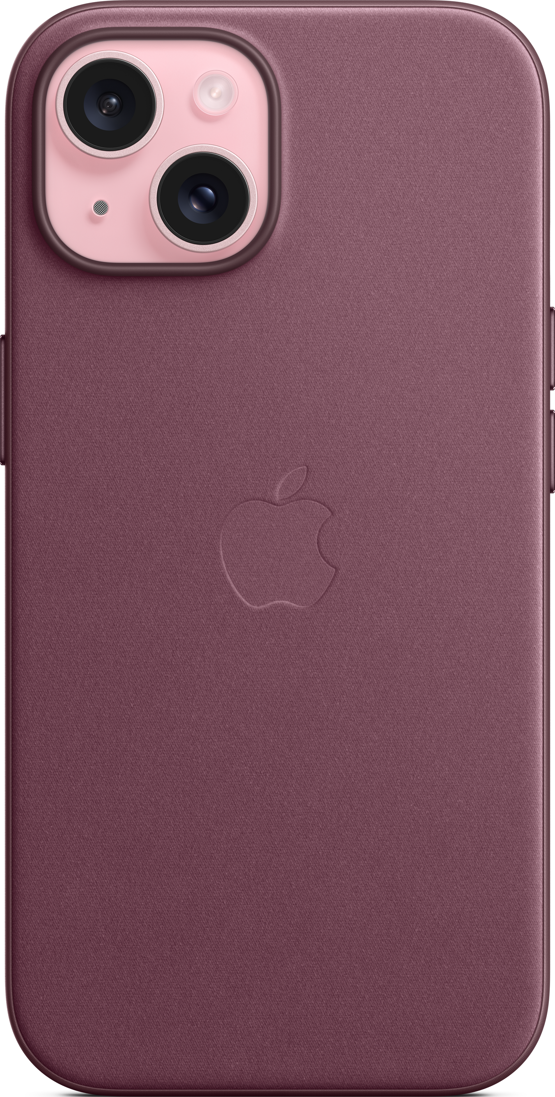 Custodia bordeaux con logo Apple. Vista posteriore del telefono e della sua fotocamera.