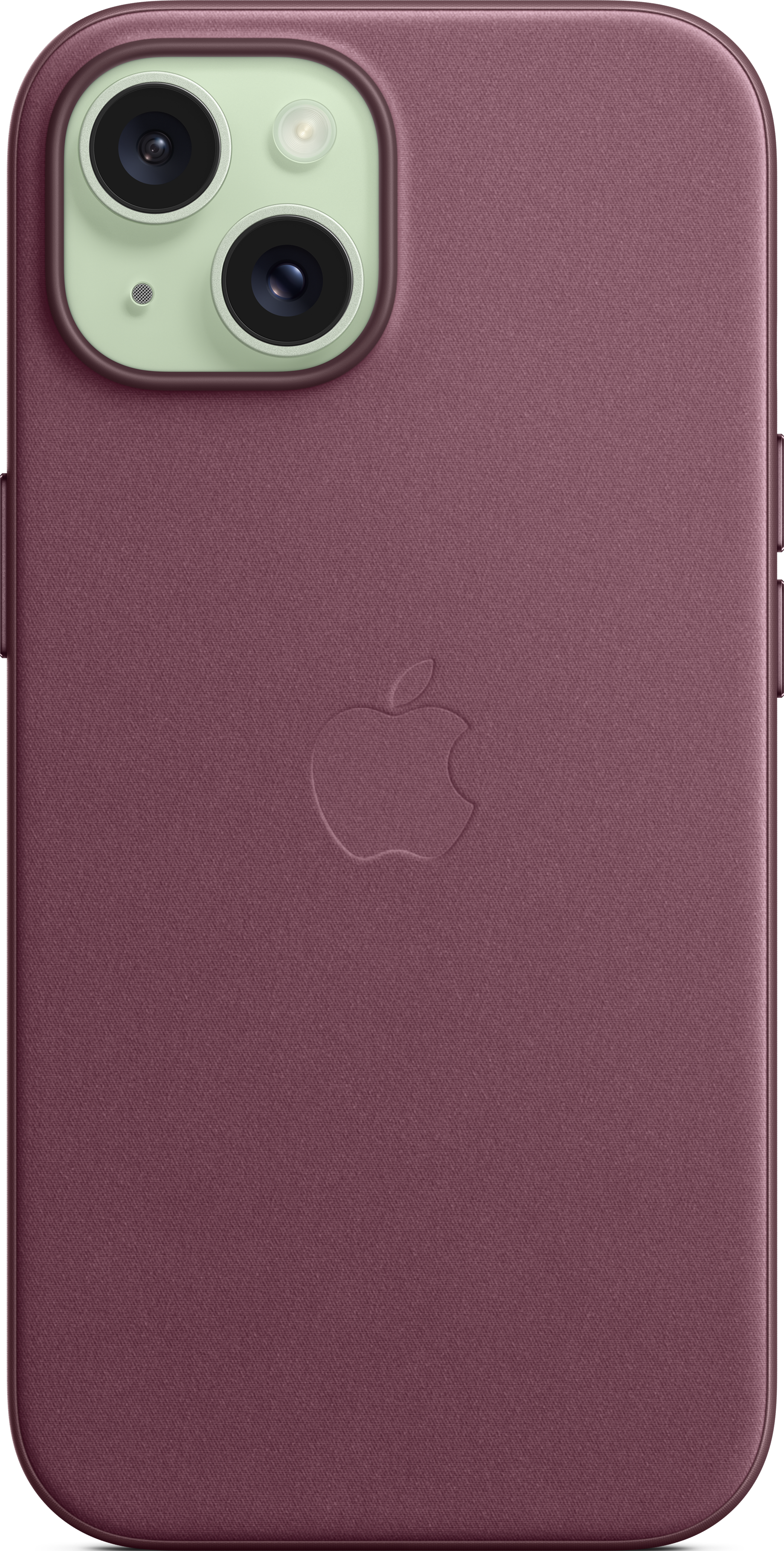Una custodia per iPhone color prugna con tre fotocamere e il logo Apple.