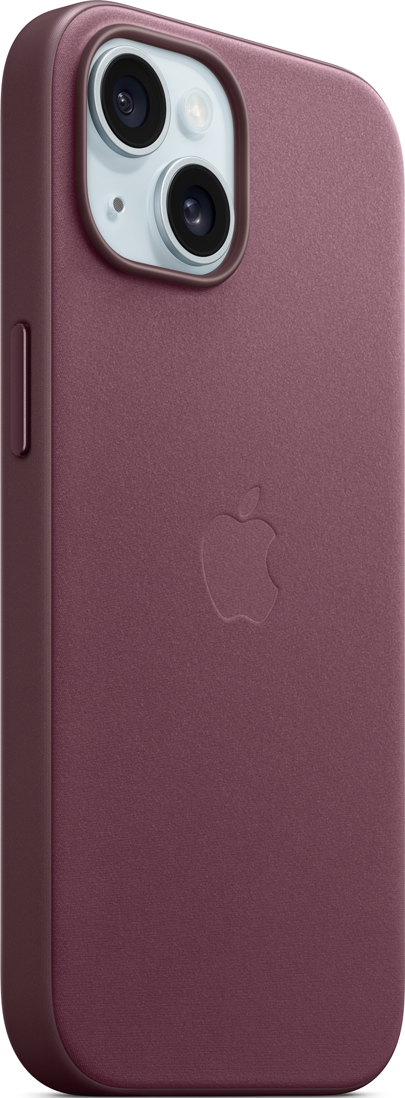 Una custodia per iPhone bordeaux con il logo Apple e un ritaglio per la fotocamera. La custodia è in pelle.