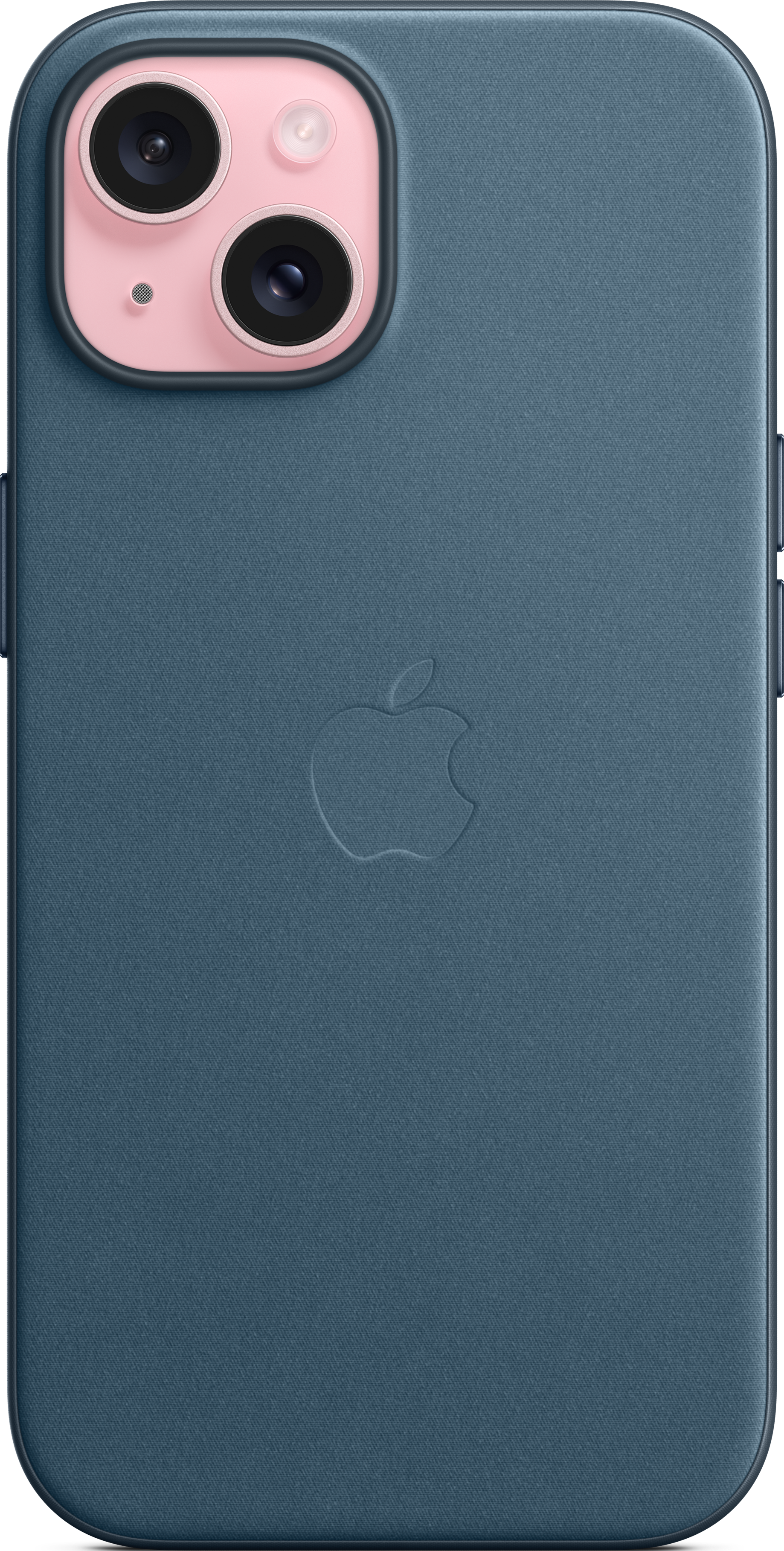 Coque de téléphone bleue avec logo Apple et objectifs d'appareil photo.