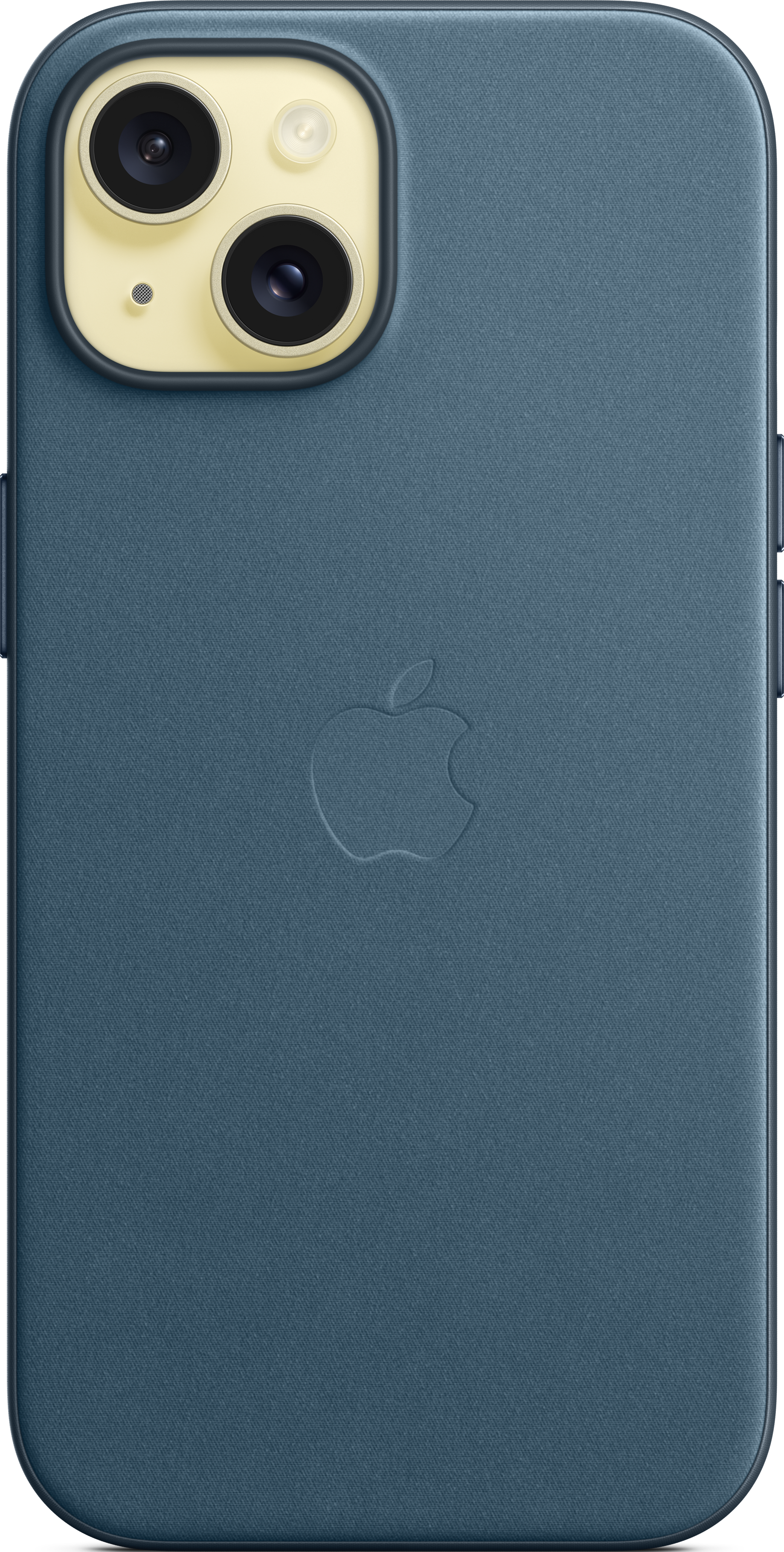 Dos d'un iPhone bleu avec deux caméras, un logo Apple et un étui bleu.