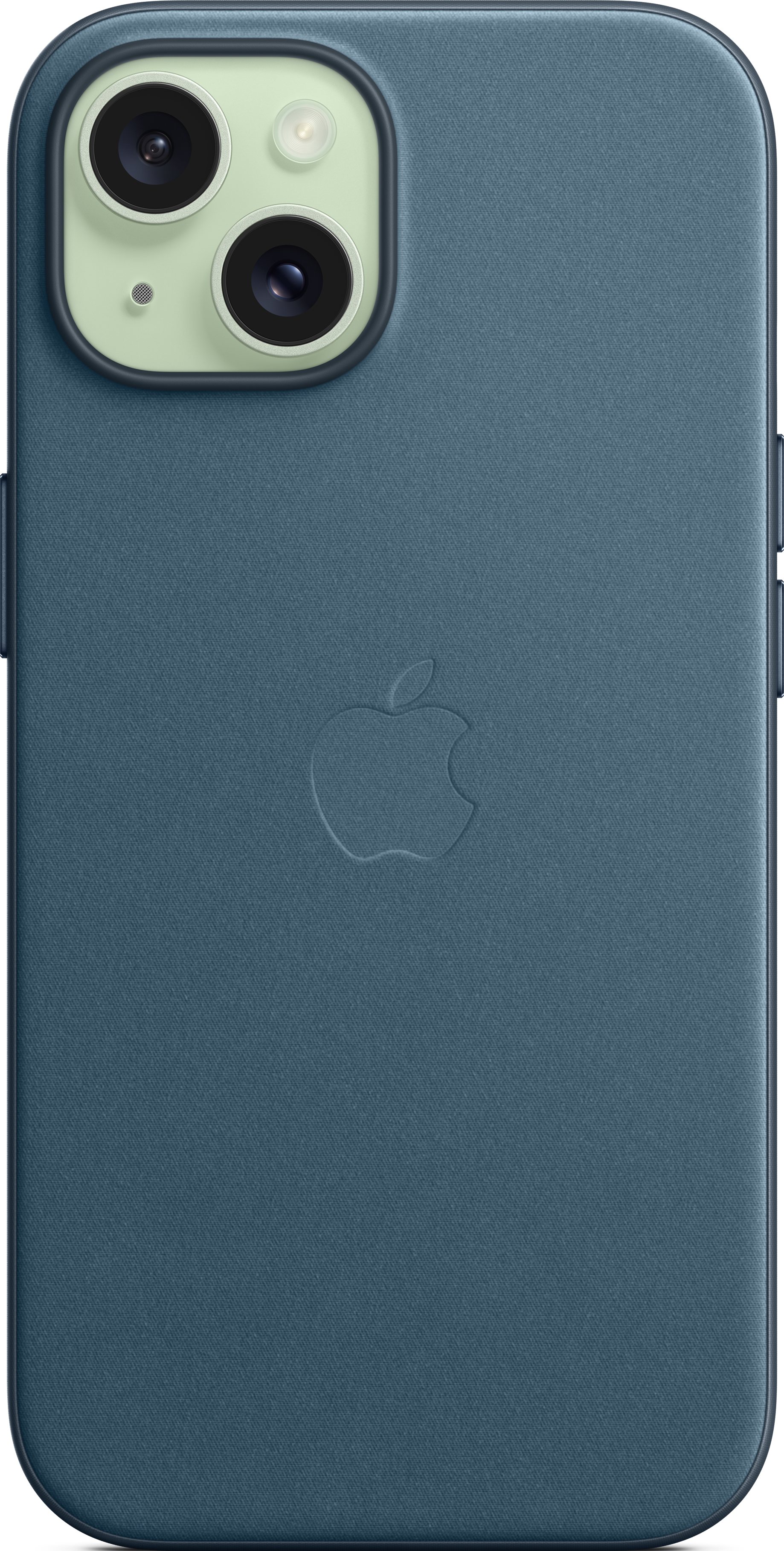Dos d'un iPhone bleu avec caméra double et le logo Apple.