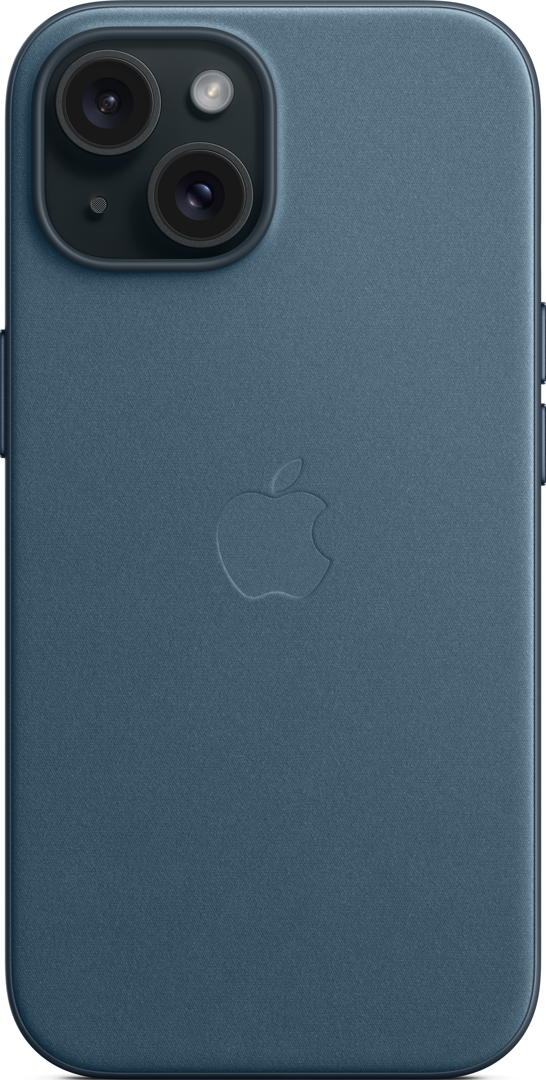 Dos d'iPhone bleu foncé avec caméra et logo Apple. Texture cuir.