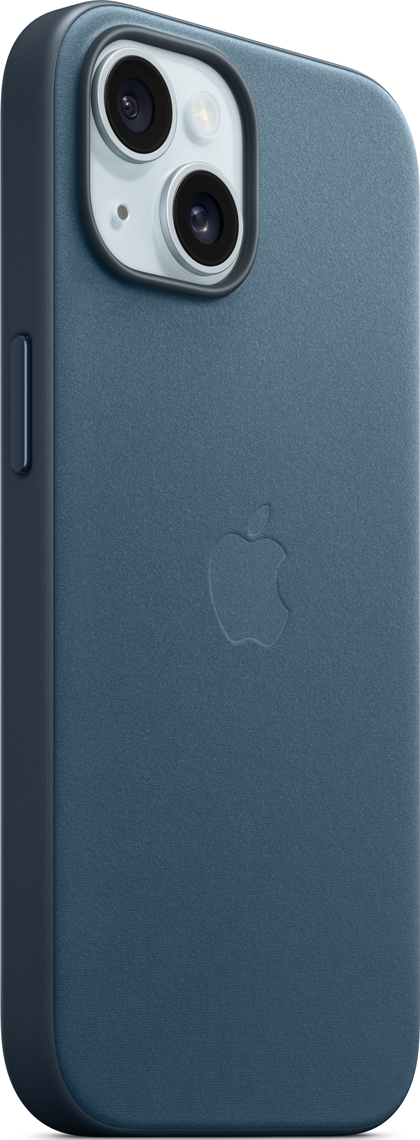 Gros plan d'une coque d'iPhone bleue avec le logo Apple, une surface lisse et l'objectif de l'appareil photo.