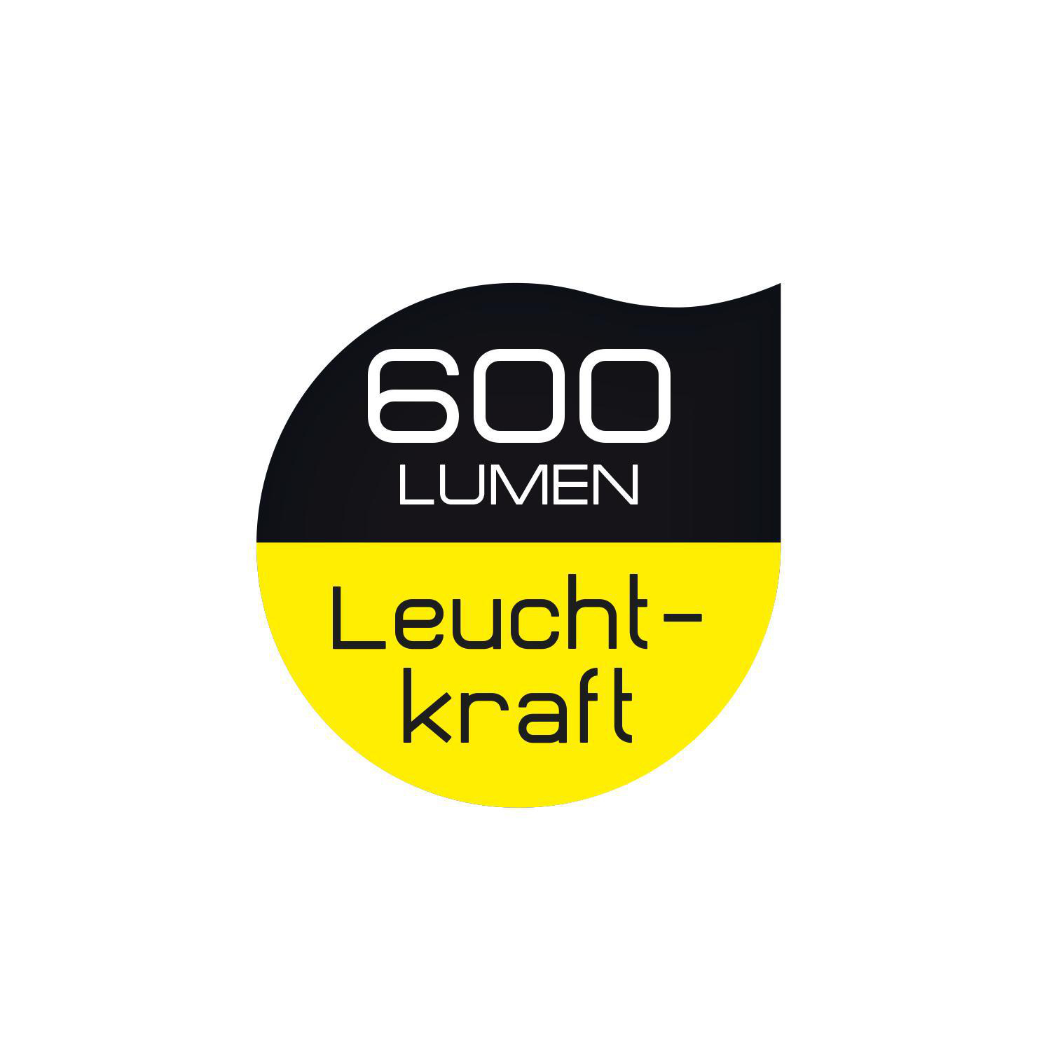 Logo mit schwarzer Form und gelbem Bereich, der 600 LUMEN in Weiß anzeigt.