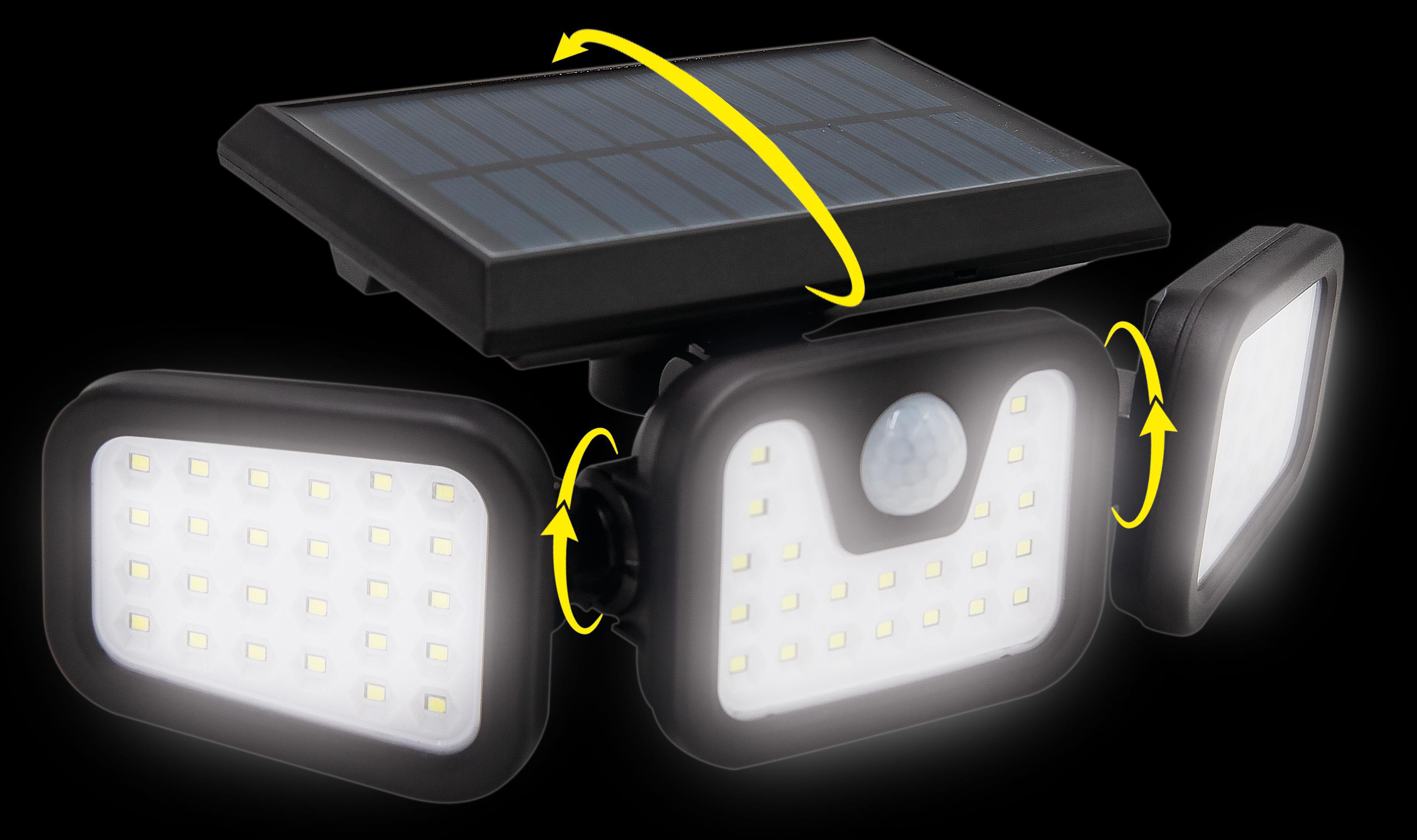 Schwarzes Solarpanel mit drei verstellbaren Lichtern. Pfeile zeigen die Bewegung der Lichter und des Solarpanels.