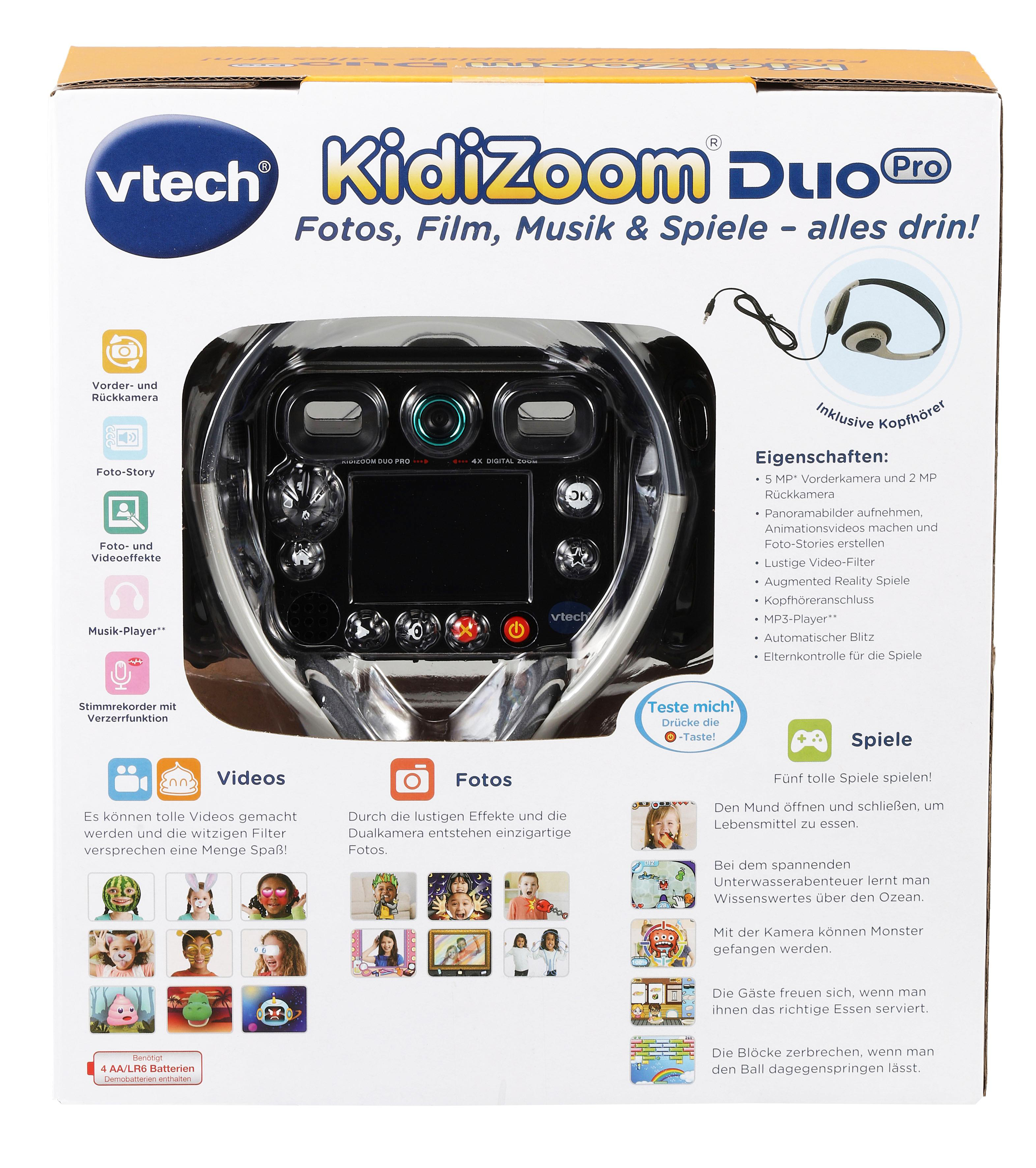 VTech Kidizoom Duo Pro Kamera-Box. Die Box zeigt die Kamera, Funktionen und damit aufgenommene Bilder.