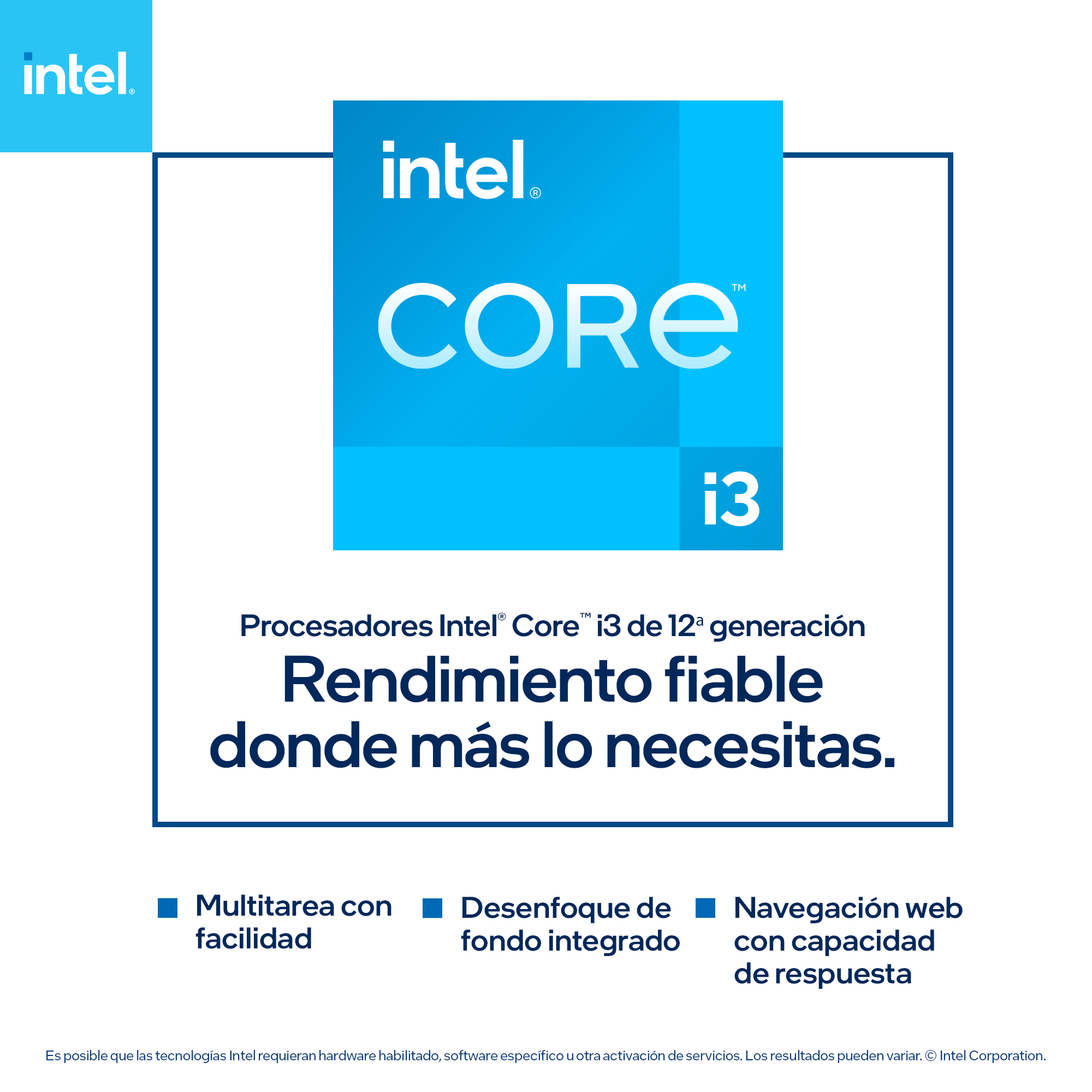 Logotipo Intel Core i3 sobre fondo azul, texto: Confiable donde más lo necesitas.