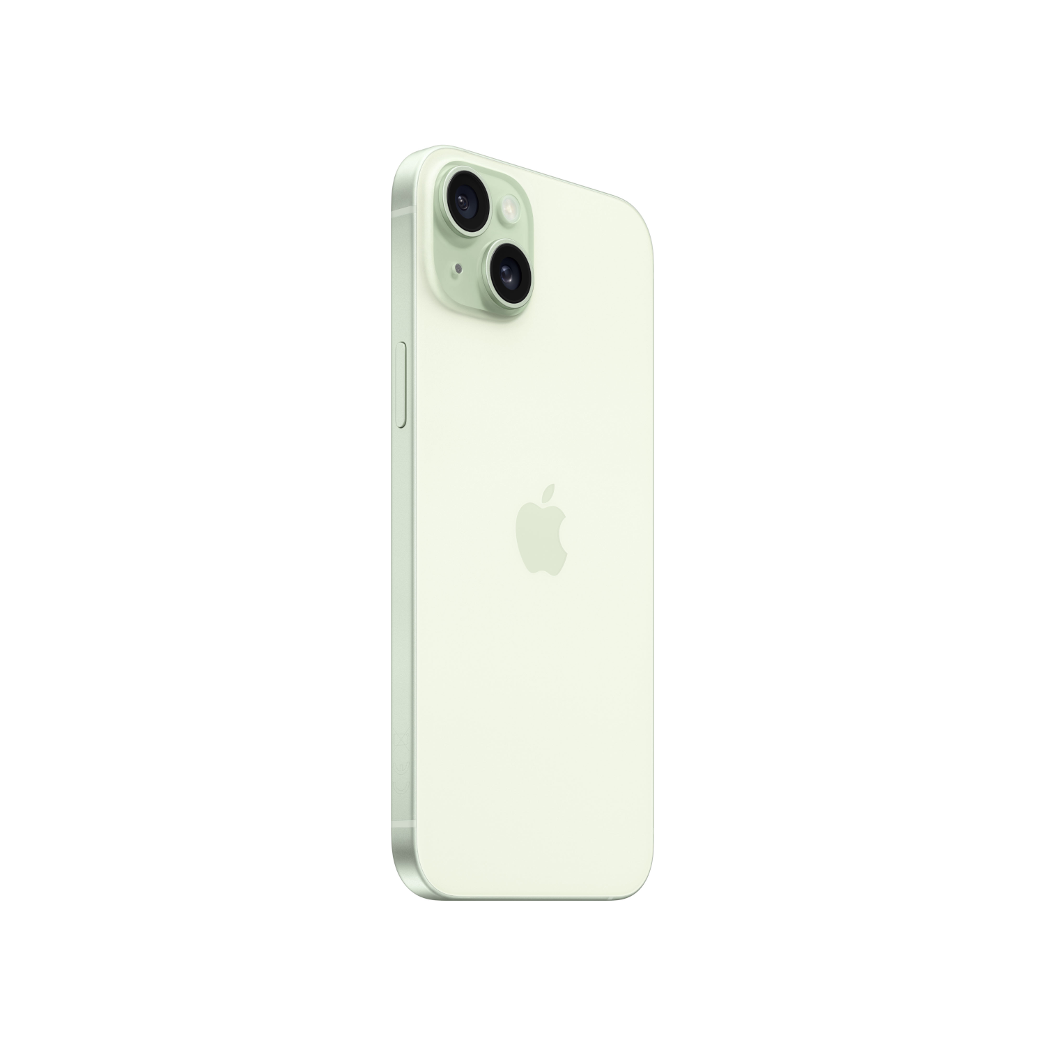 Lichtgroene iPhone 14 achteraanzicht, op een witte achtergrond, met cameralenzen zichtbaar.