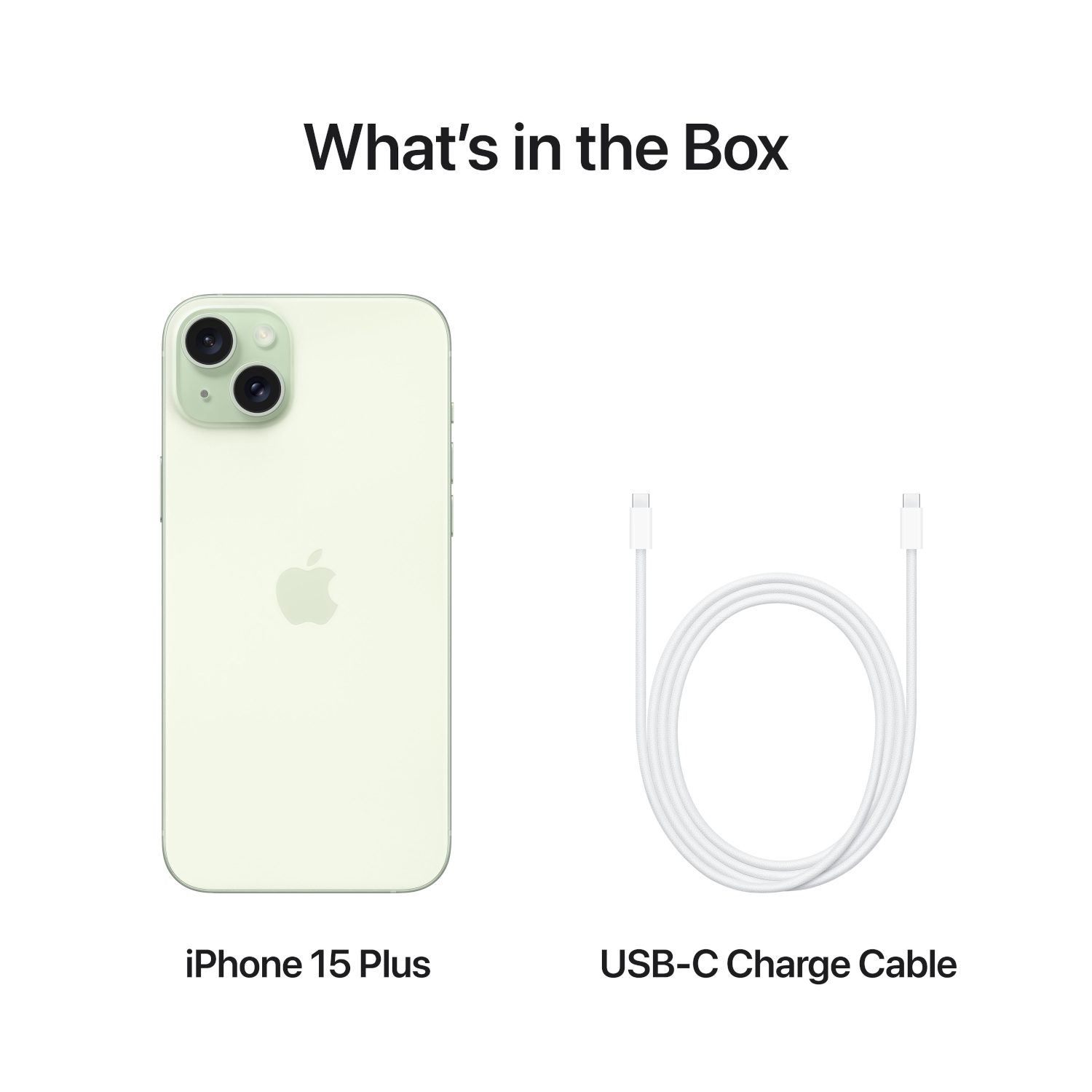 Een iPhone 15 Plus en een USB-C-kabel worden weergegeven. De telefoon is groen.