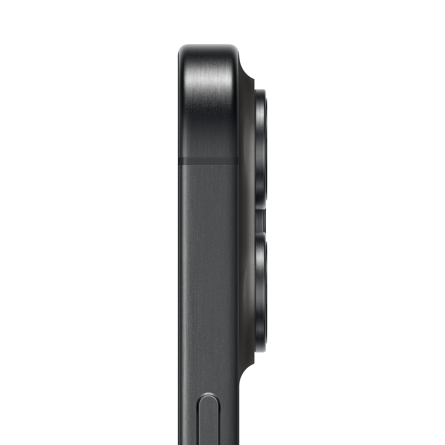 Close-up van de zijkant van een zwarte smartphone, met cameramodule en knoppen.