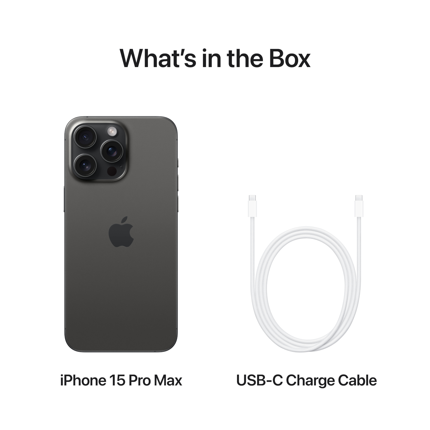 iPhone 15 Pro Max en een USB-C-oplaadkabel. Tekst: Wat zit er in de doos.