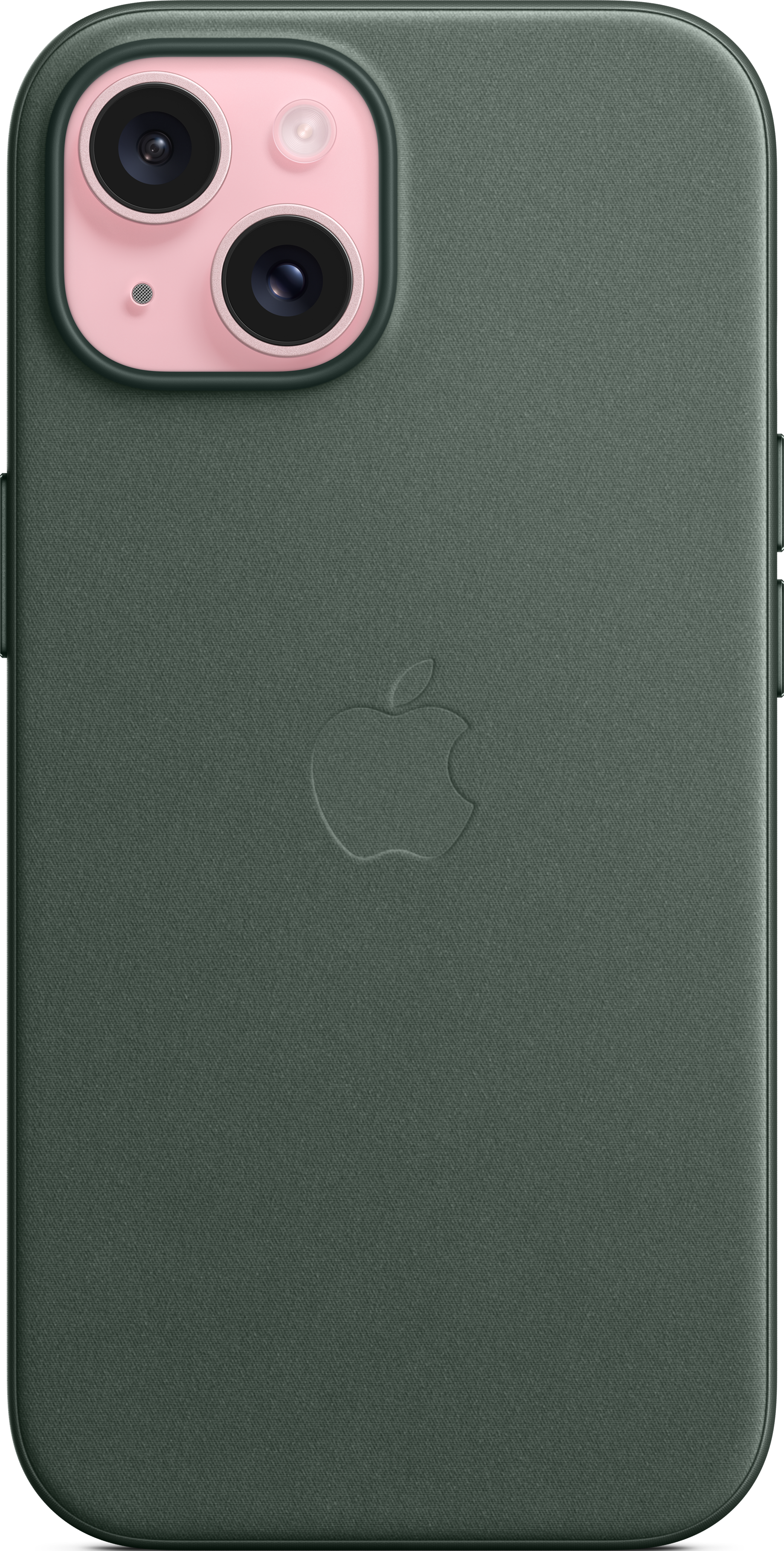 Un iPhone dans un étui vert foncé avec le logo Apple. La bosse de l'appareil photo est rose.