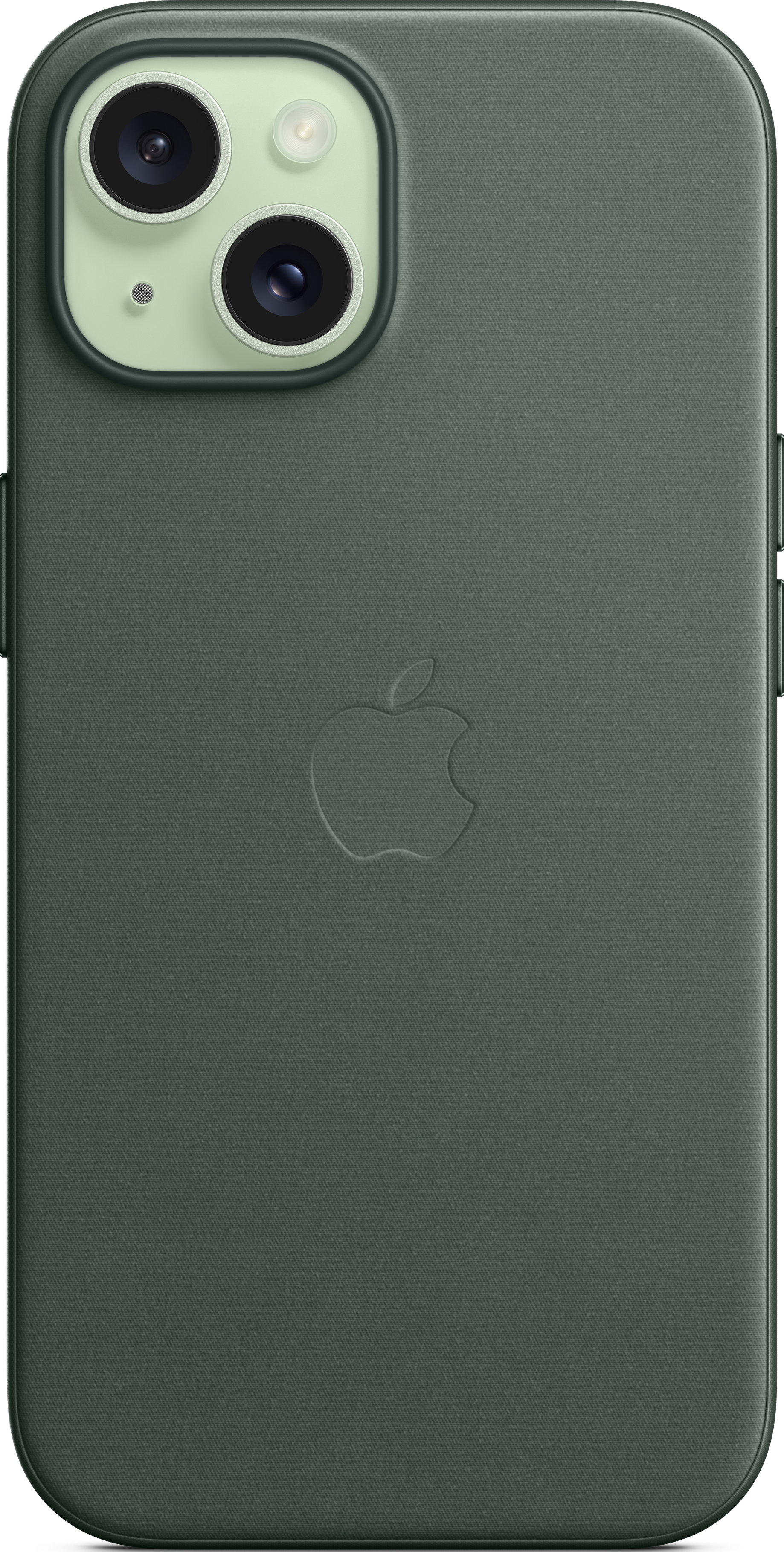 Étui en cuir vert pour iPhone avec logo Apple en relief et module caméra.