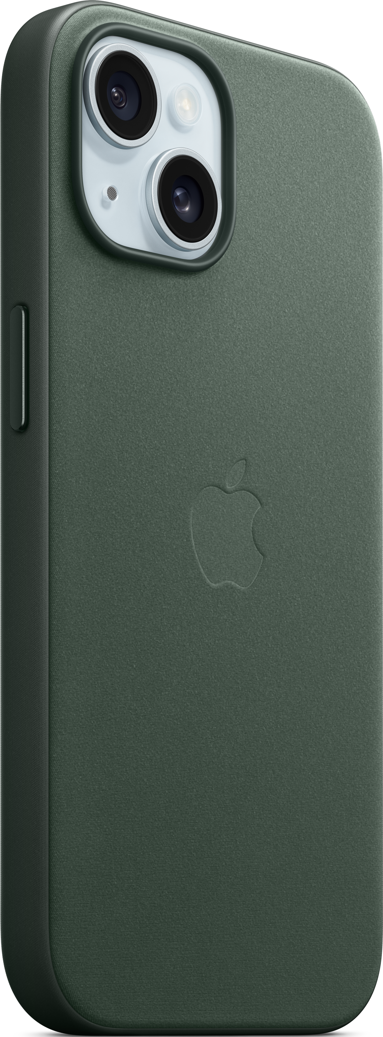 Une coque de téléphone vert foncé avec un logo Apple. La coque a une découpe pour l'appareil photo.