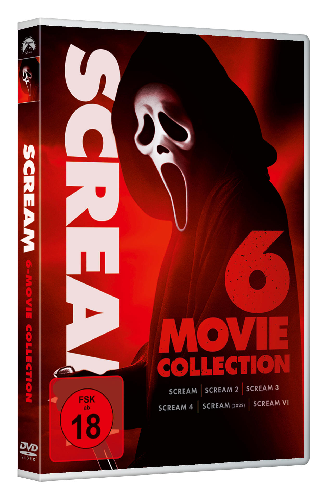 DVD-Hülle für 'Scream 6 Movie Collection'. Zeigt die Ghostface-Maske und die Nummer 6.