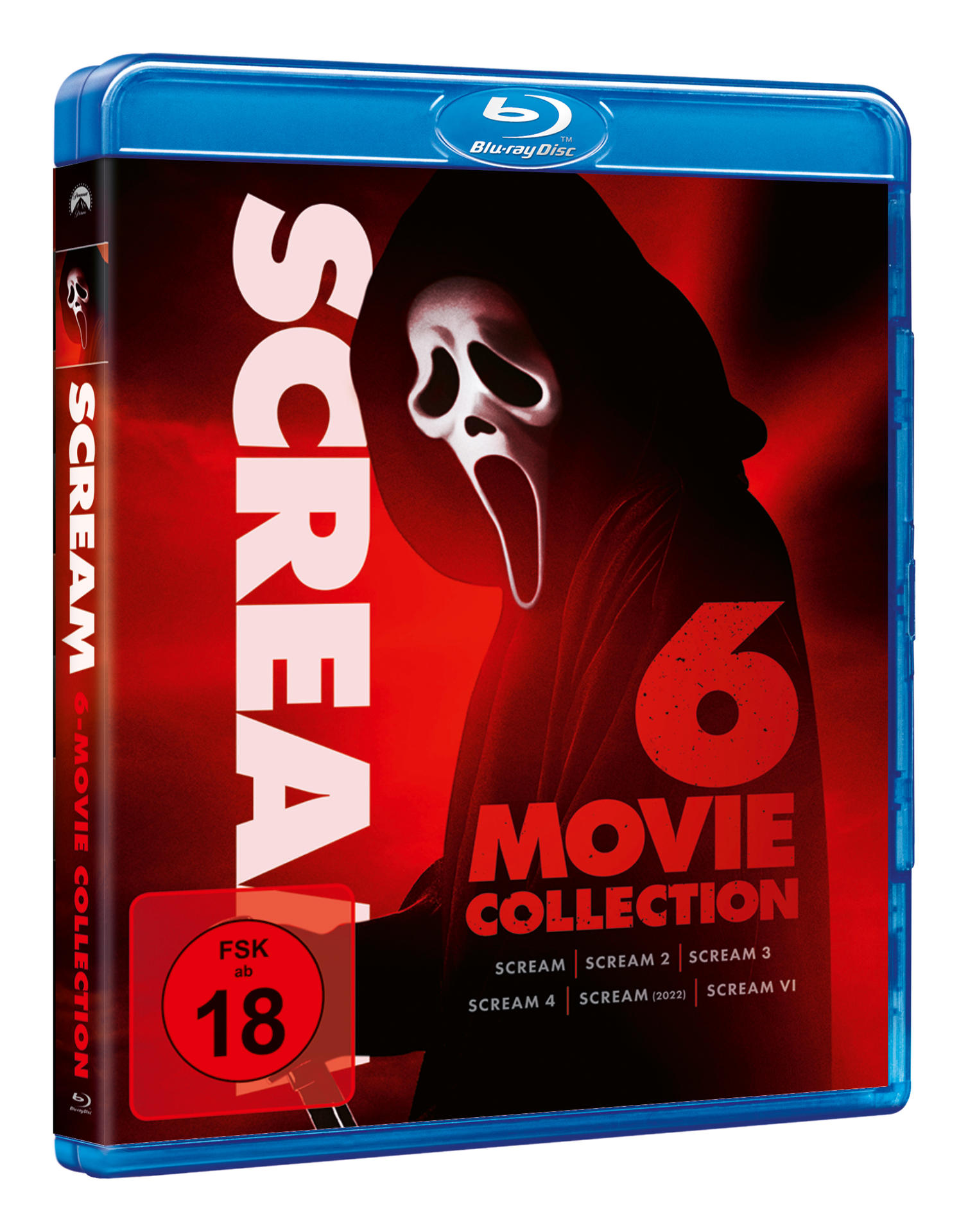 Scream 6 Filmkollektion Blu-ray Box. Rotes und schwarzes Design, mit Filmtitel und Logo.