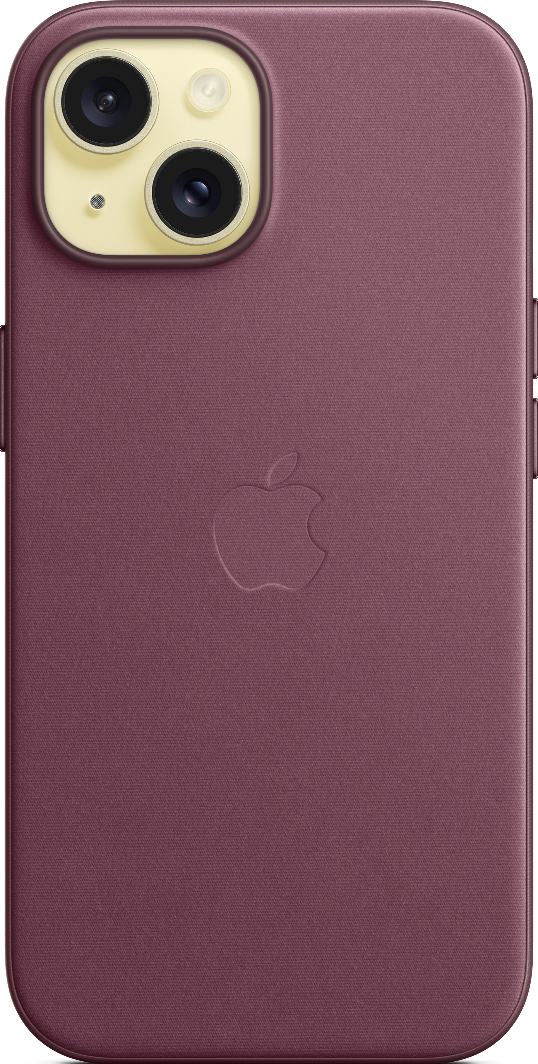 Custodia iPhone bordeaux con logo Apple e modulo fotocamera su sfondo bianco.