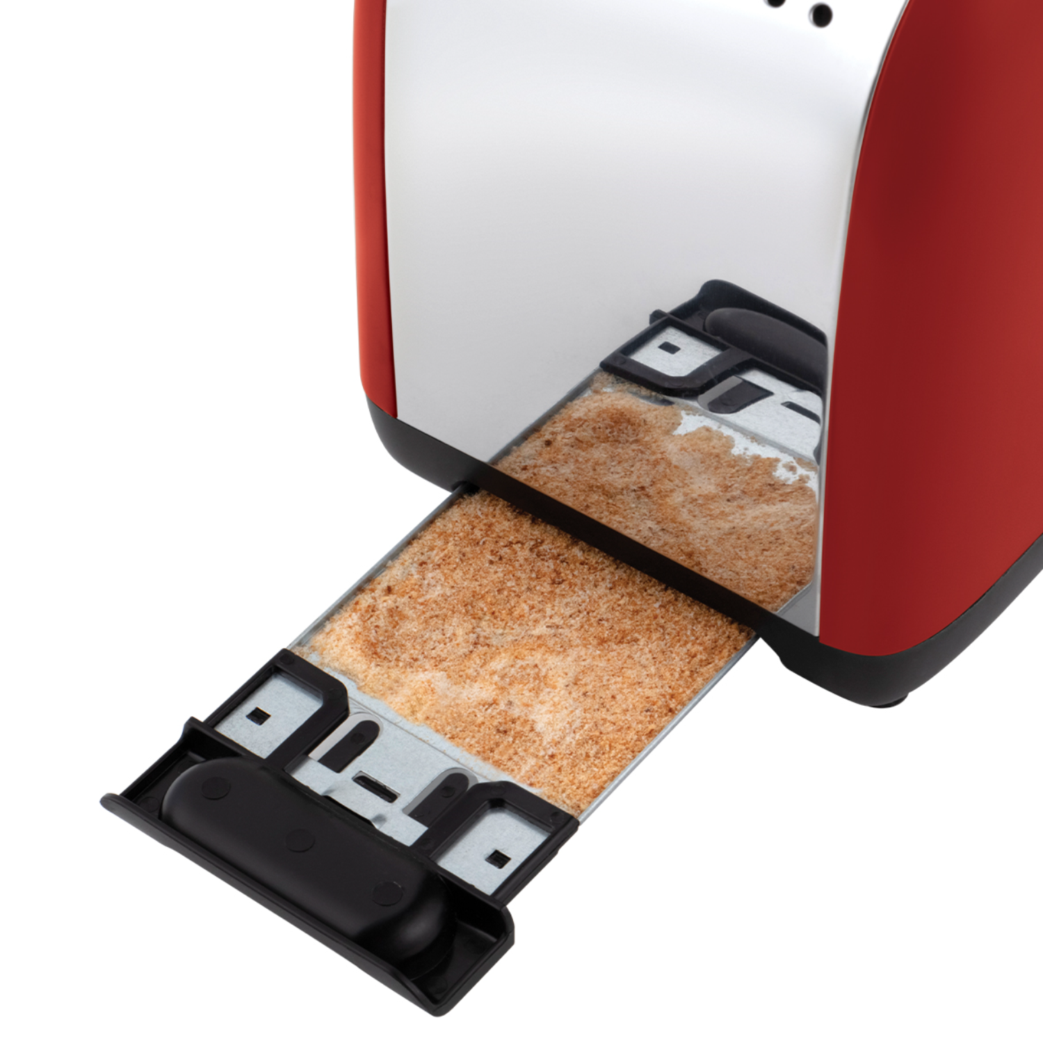 Red and silver toaster with the bread tray partially extended, showing toasted bread.