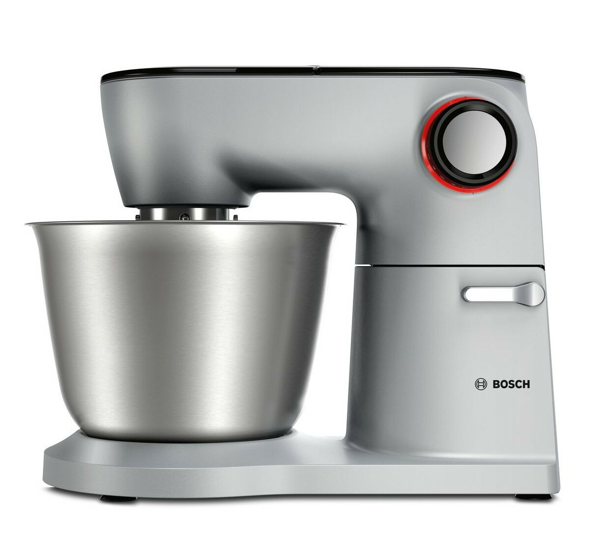Srebrny mikser kuchenny Bosch z czerwonym pokrętłem i misą ze stali nierdzewnej.