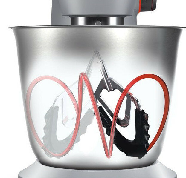 Wnętrze miksera, pokazujące ostrza mieszające i misę. Ostrza są w ruchu.