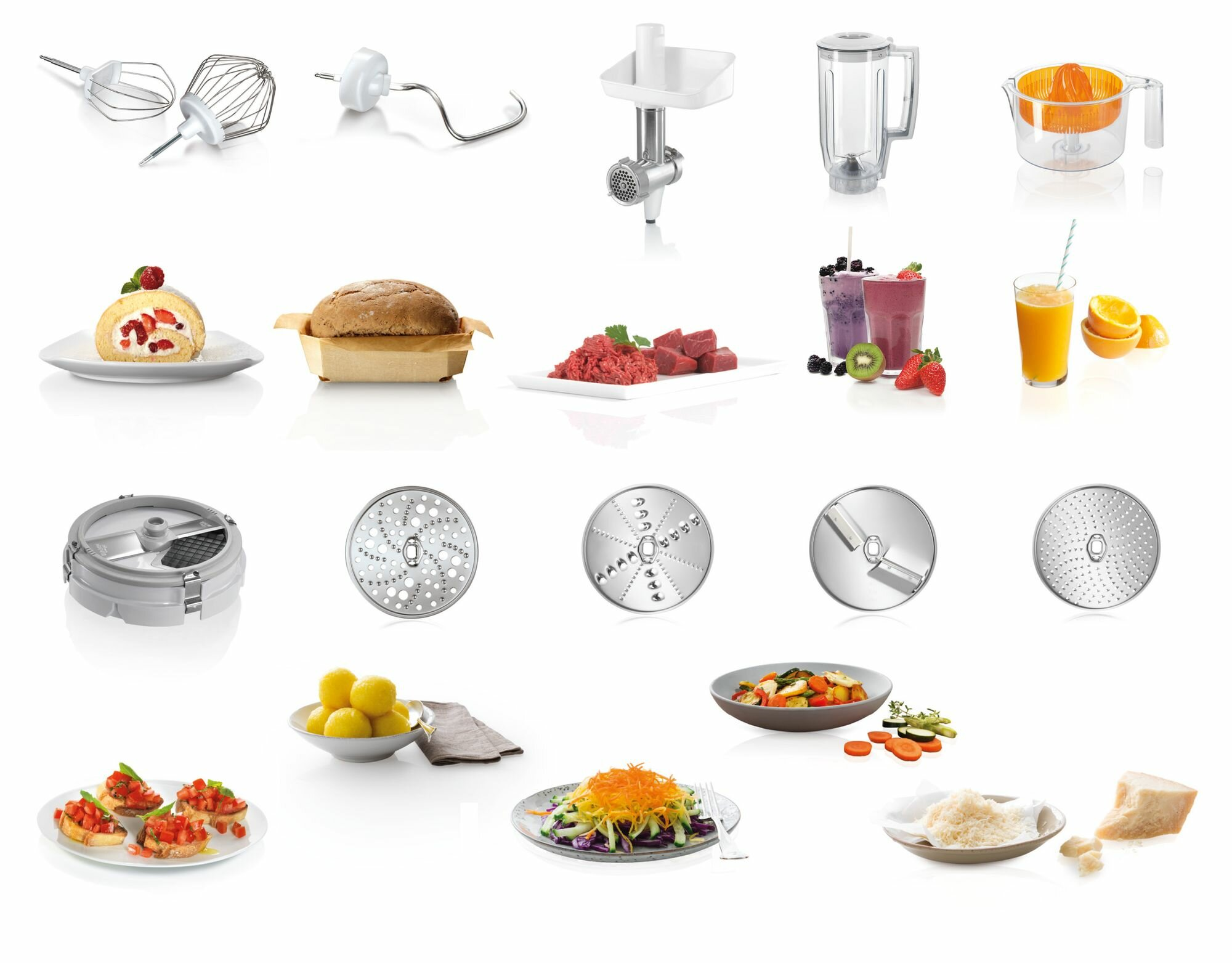 Różne akcesoria i jedzenie do urządzenia kuchennego na białej powierzchni.