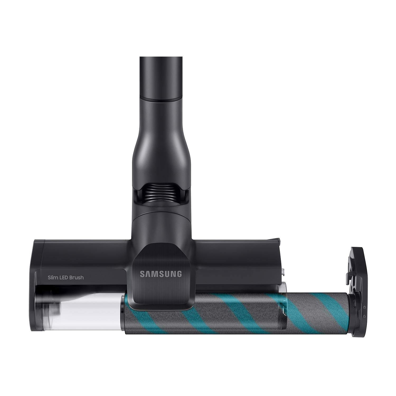 Testa aspirapolvere con Slim LED Brush, mostra un contenitore trasparente e un rullo blu/grigio.