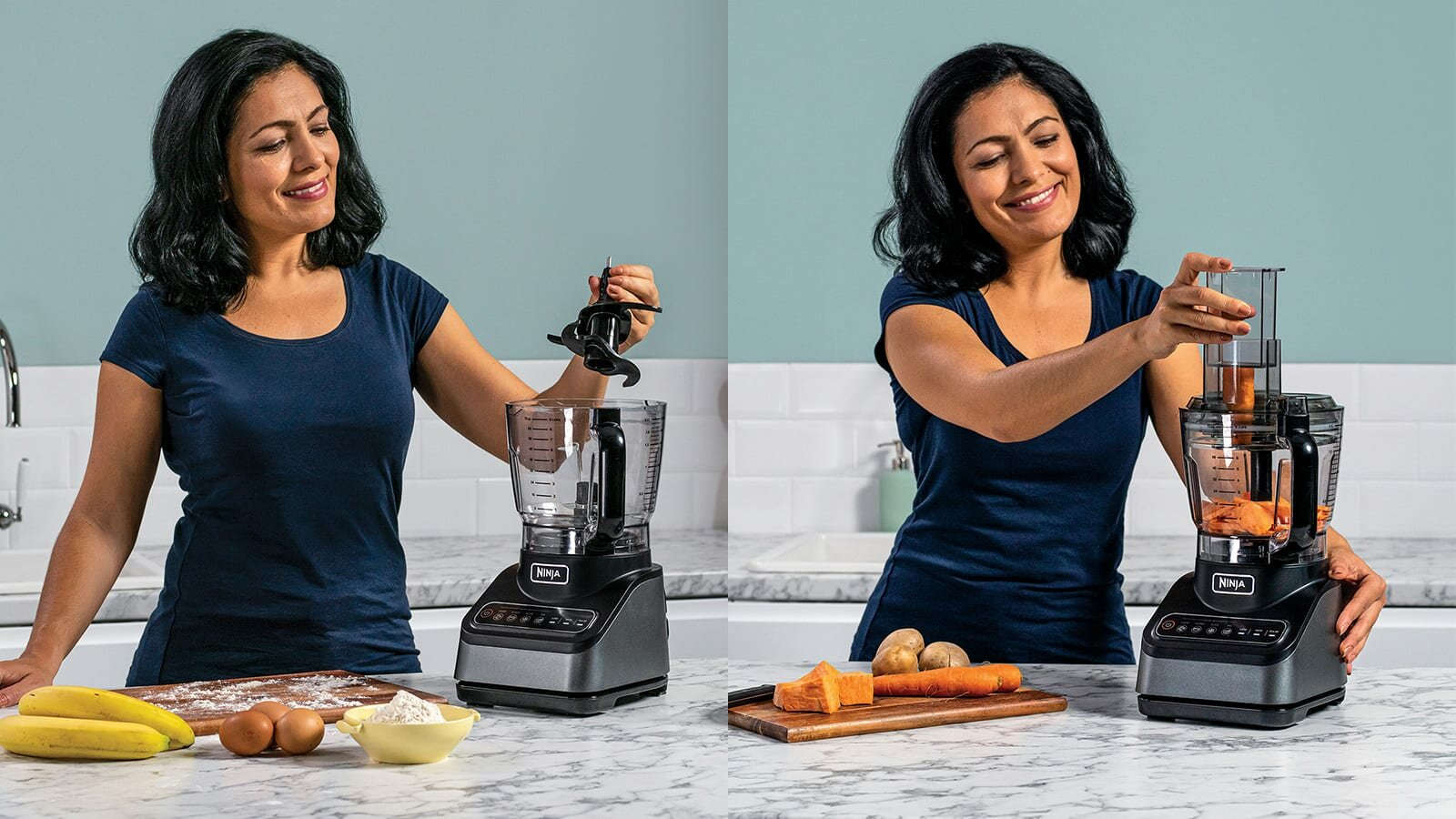 Kobieta przygotowująca jedzenie w kuchni za pomocą robota kuchennego Ninja, z produktami na blacie.