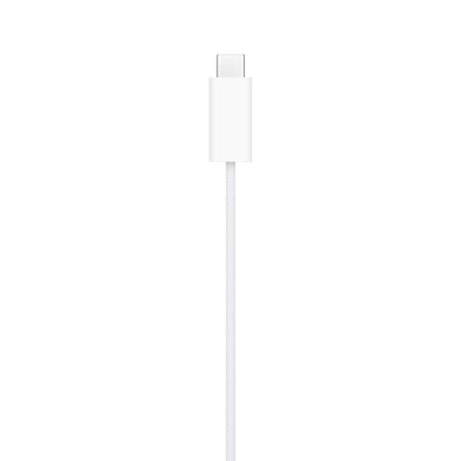 Witte Apple USB-C-kabel, op een wit oppervlak.