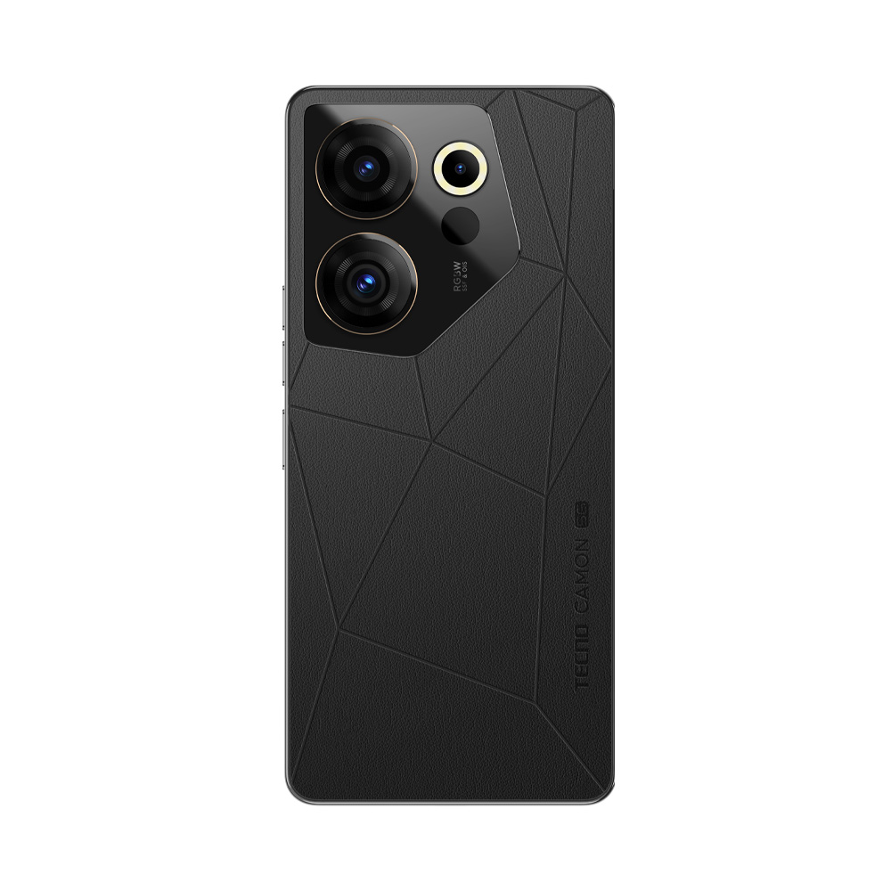 İki kameralı, dokulu arka yüzeye sahip siyah bir telefon ve arkasında TECNO CAMON 20 yazısı.