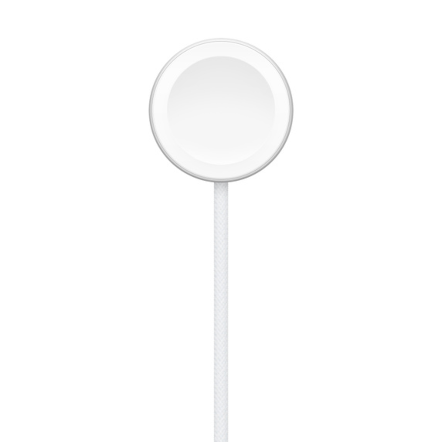Een witte Apple Watch-lader, rond, met een witte kabel die naar beneden loopt.