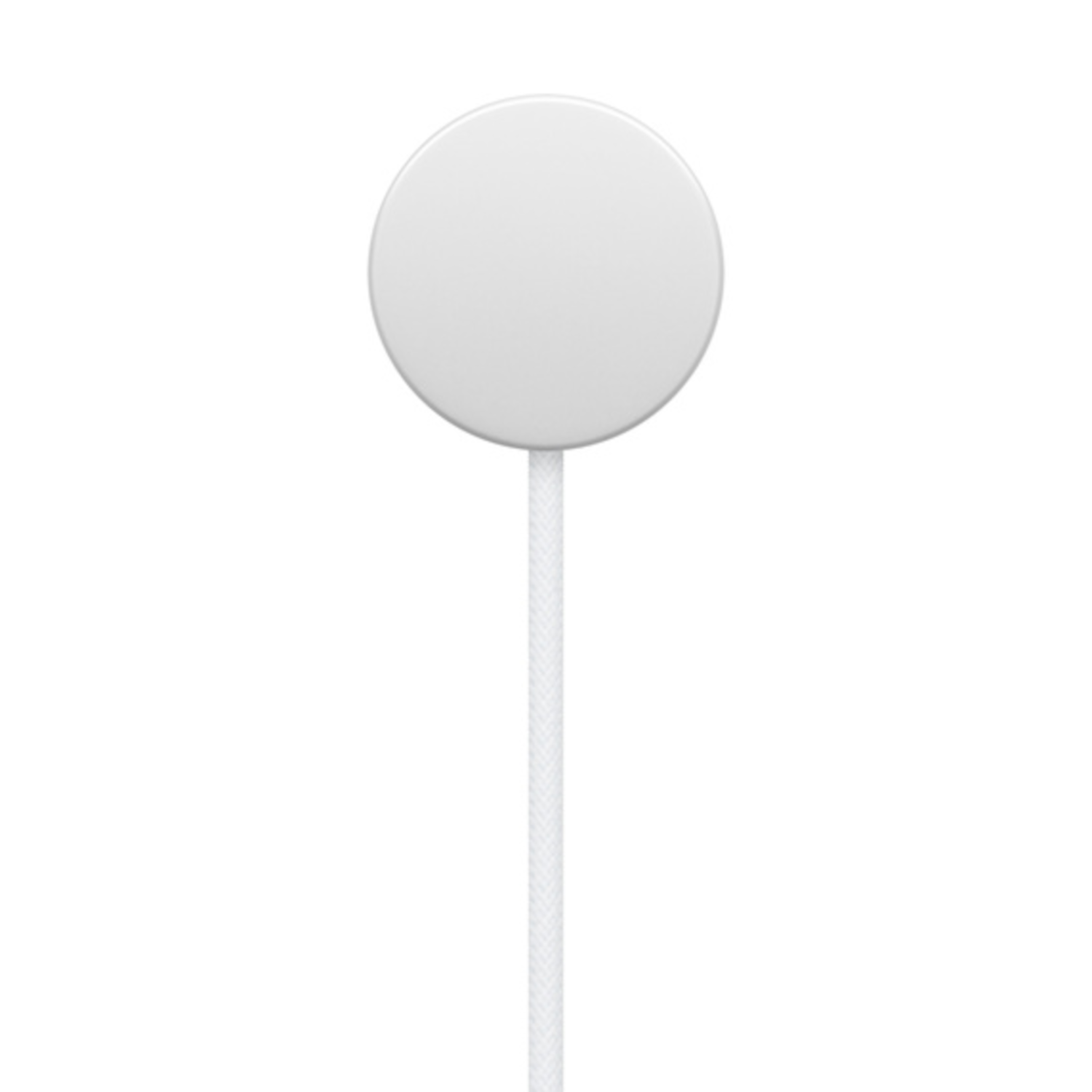 Witte Apple Watch oplaadschijf met een witte kabel, op een witte achtergrond. Eenvoudig en strak ontwerp.