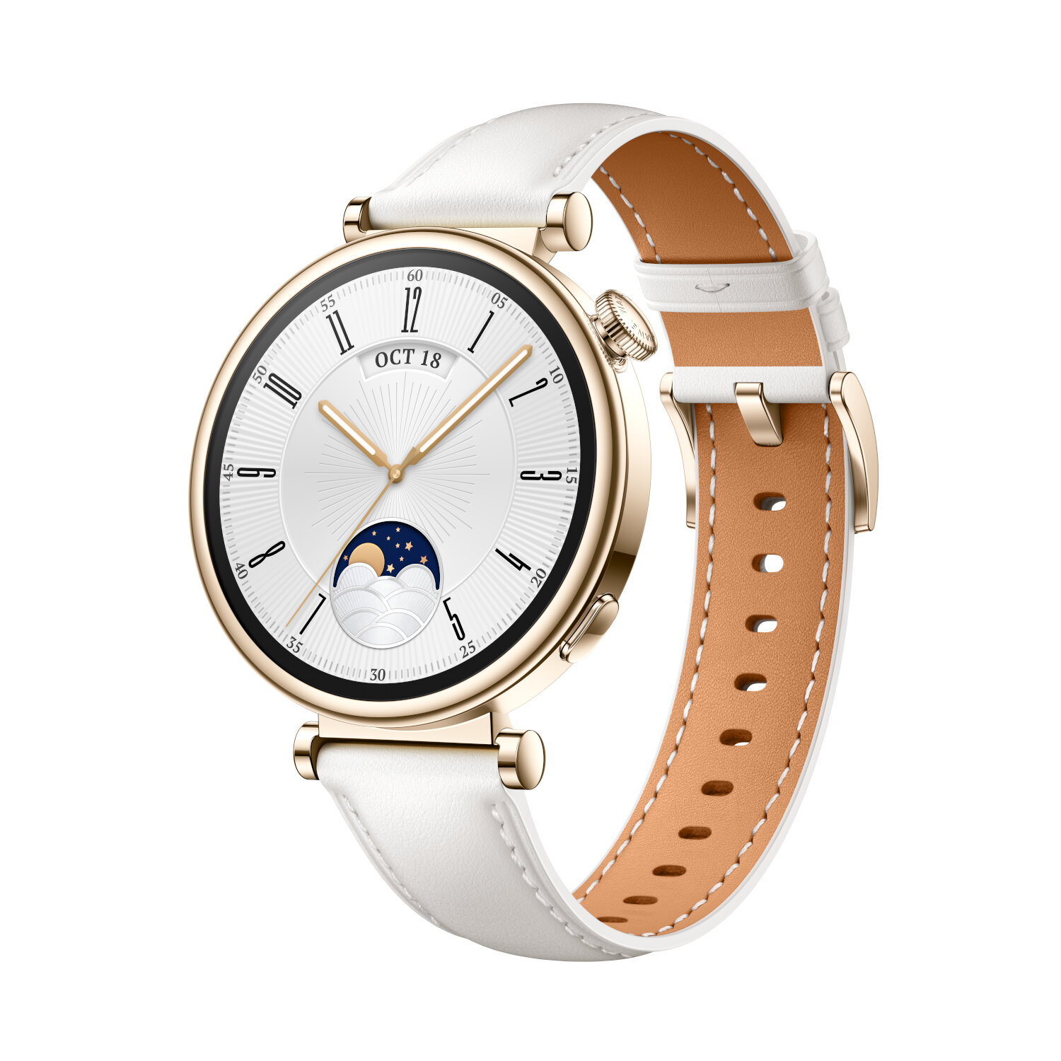 A gold wristwatch with a white face and a white leather strap. The watch displays the date and a moon phase.