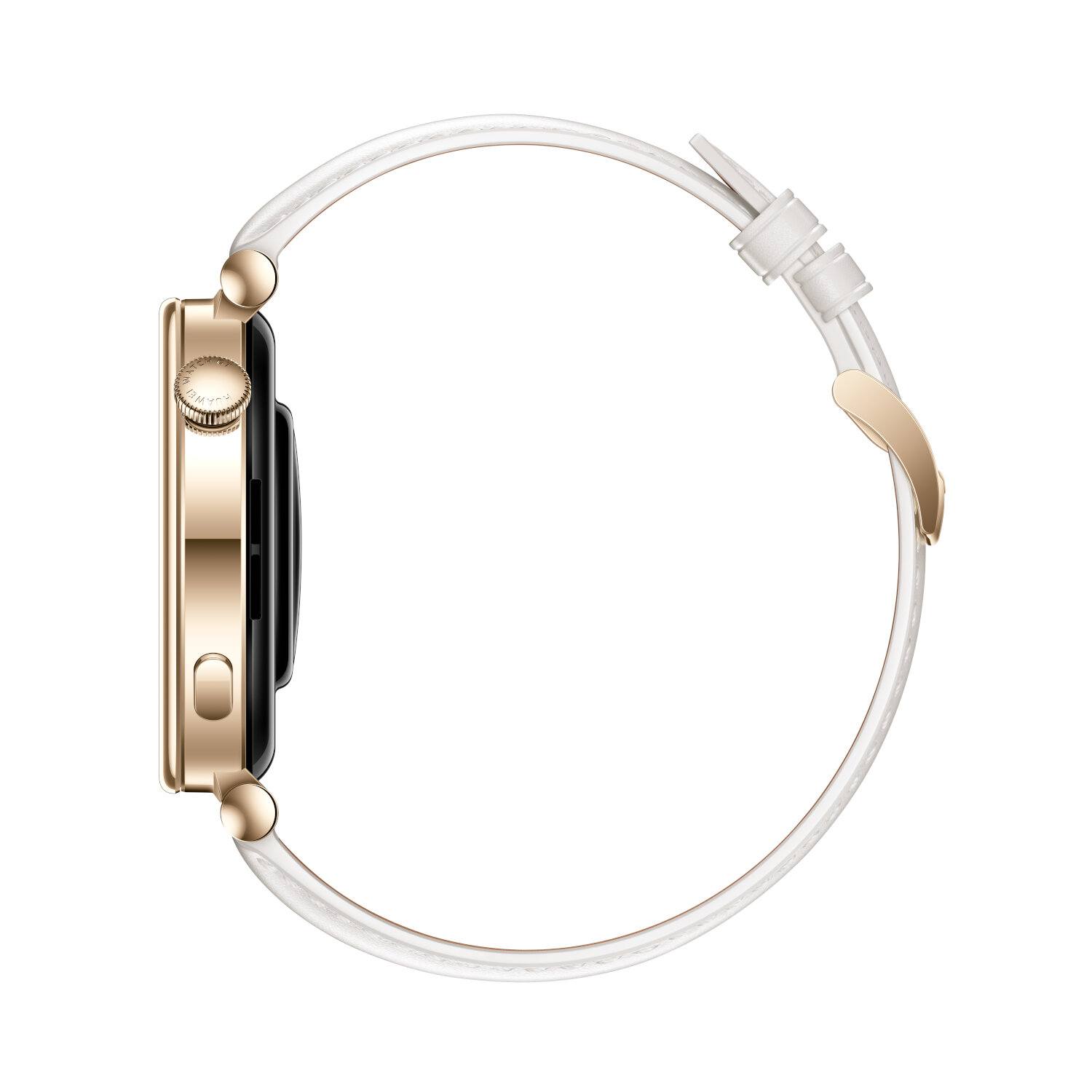 Side view of a gold smartwatch with a white strap. The watch face is black.
