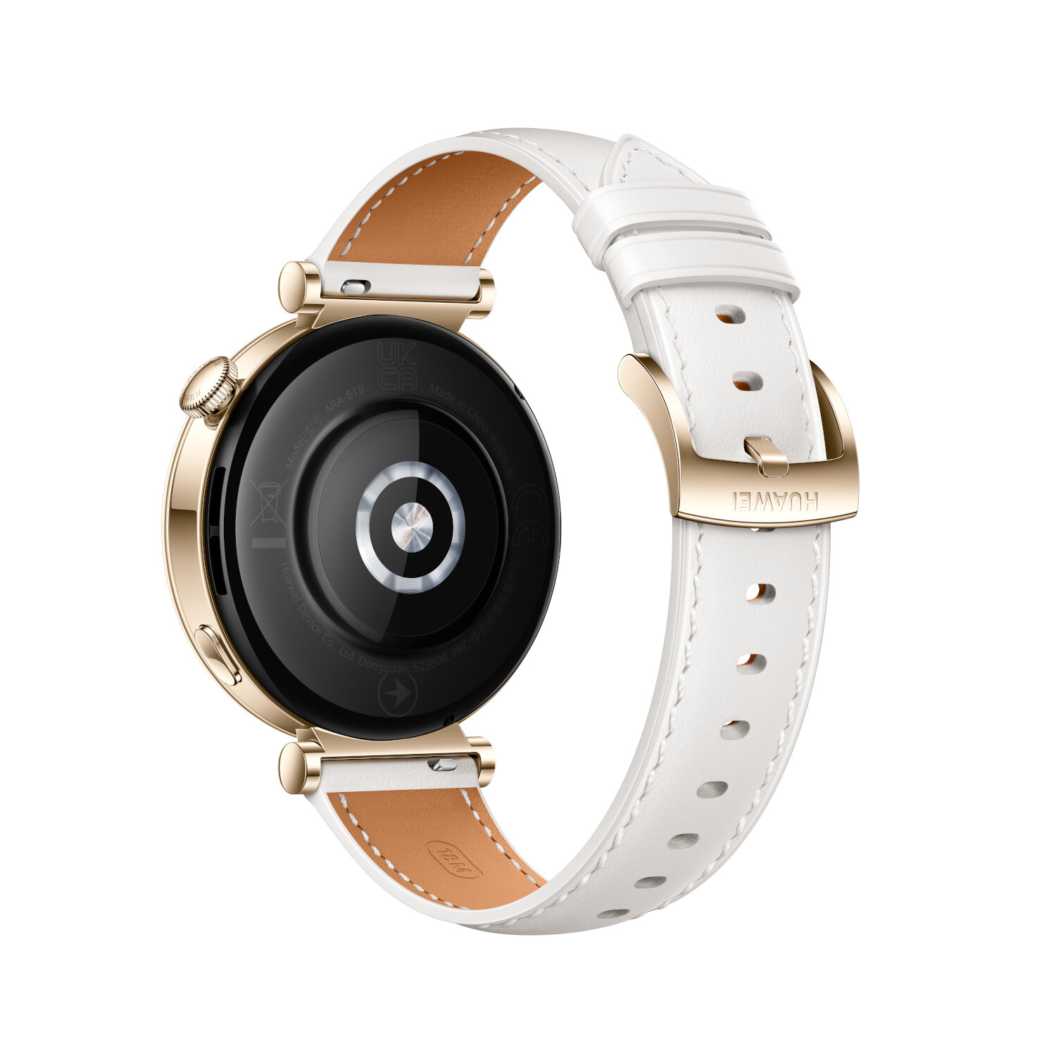 Gold smartwatch, white strap. The watch's back is visible, showing sensors and branding.