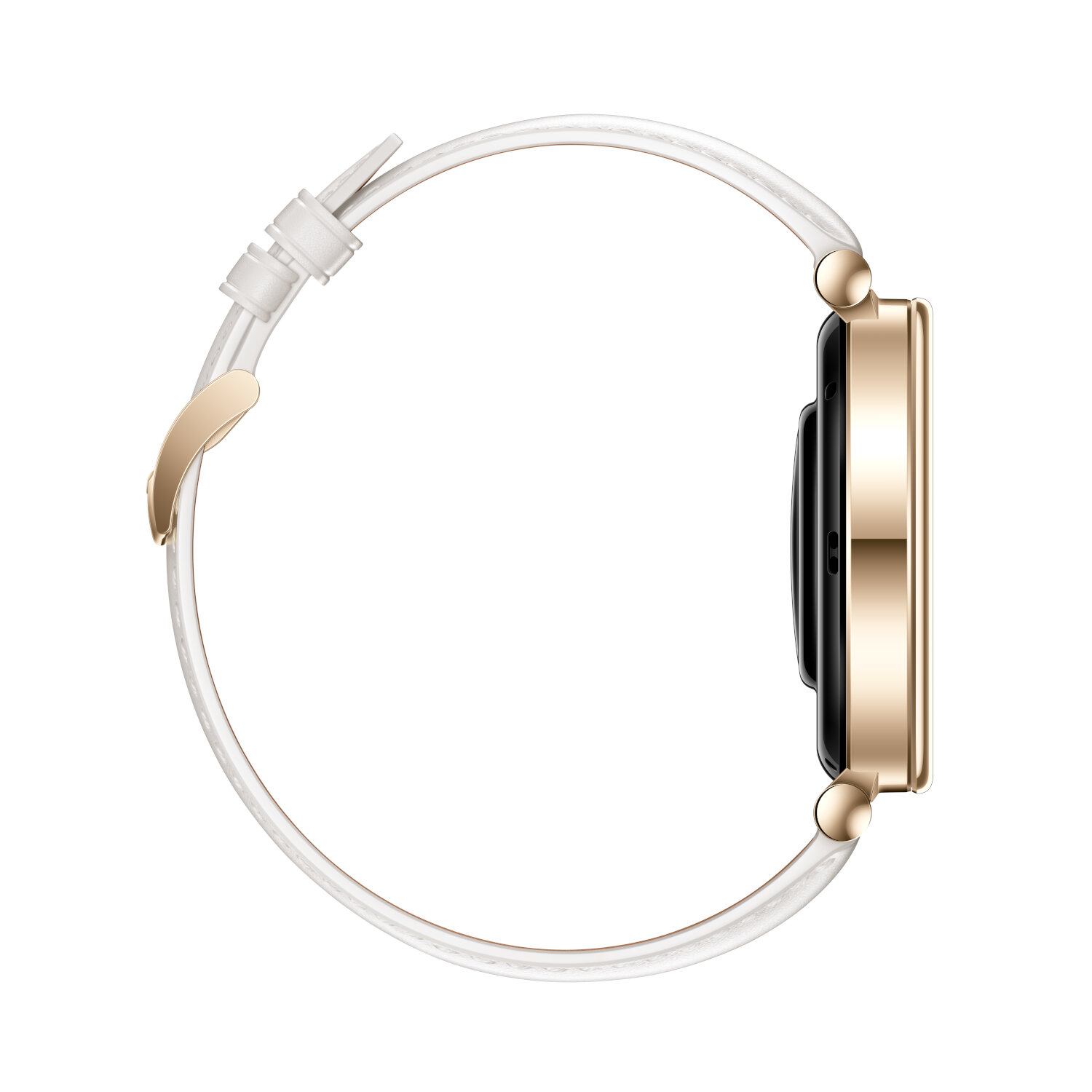 Side view of a gold smartwatch with a white leather strap and buckle.