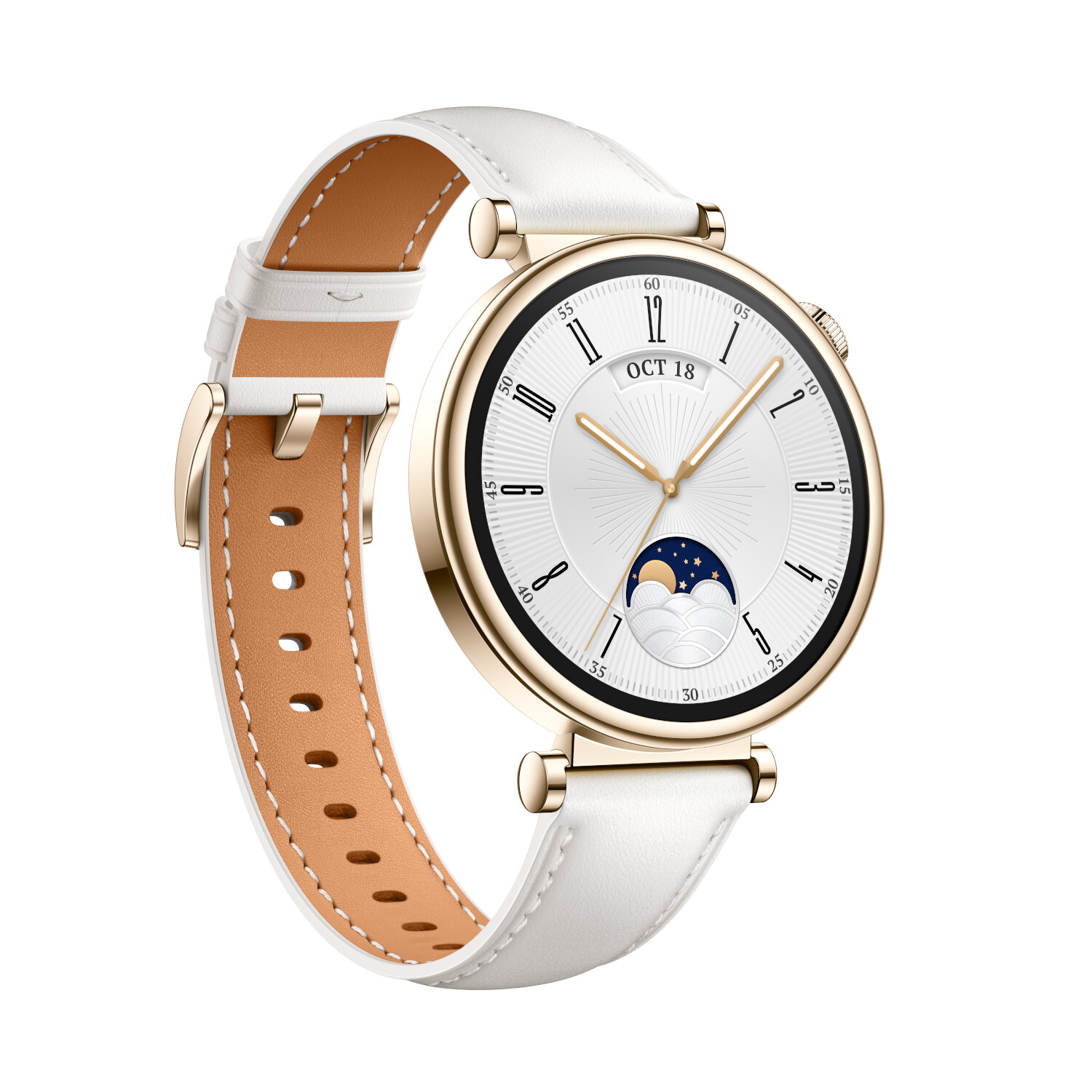 A white watch with a gold bezel and a leather strap. The date on the watch face reads 'OCT 18'.