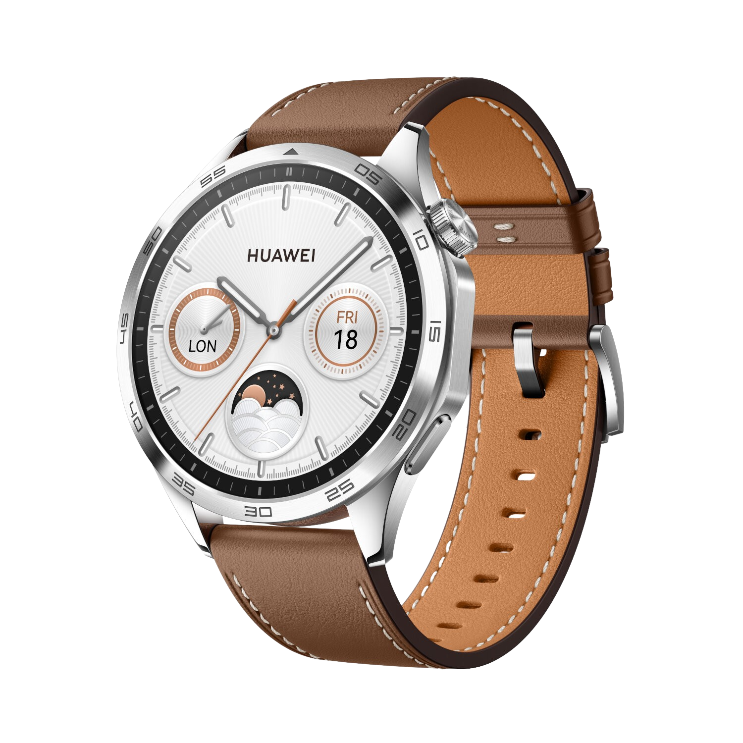 Montre Huawei argentée avec bracelet en cuir marron, cadran blanc et divers cadrans. Fond noir.