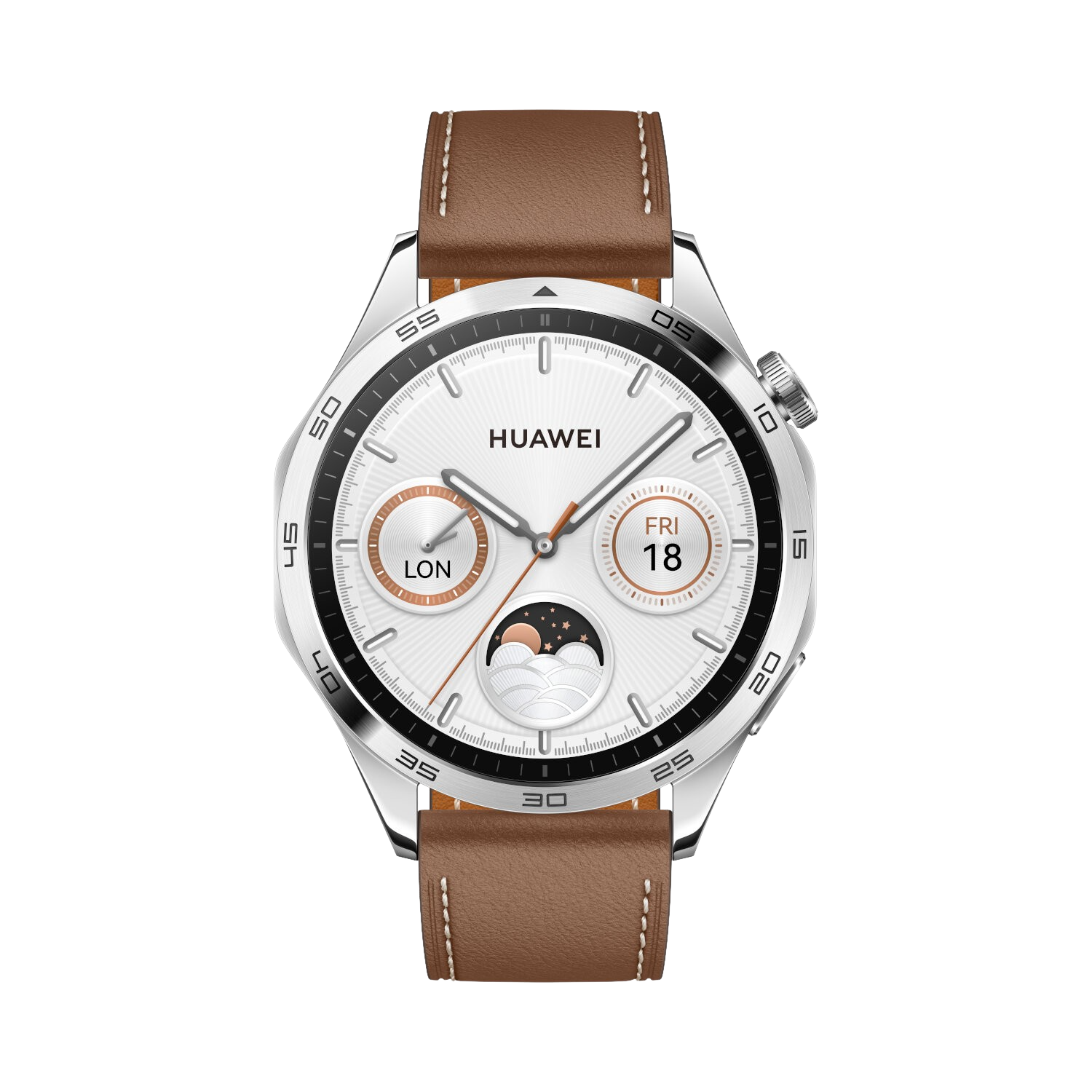Smartwatch sur fond noir. Bracelet en cuir marron, lunette argentée, cadran blanc avec calendrier.