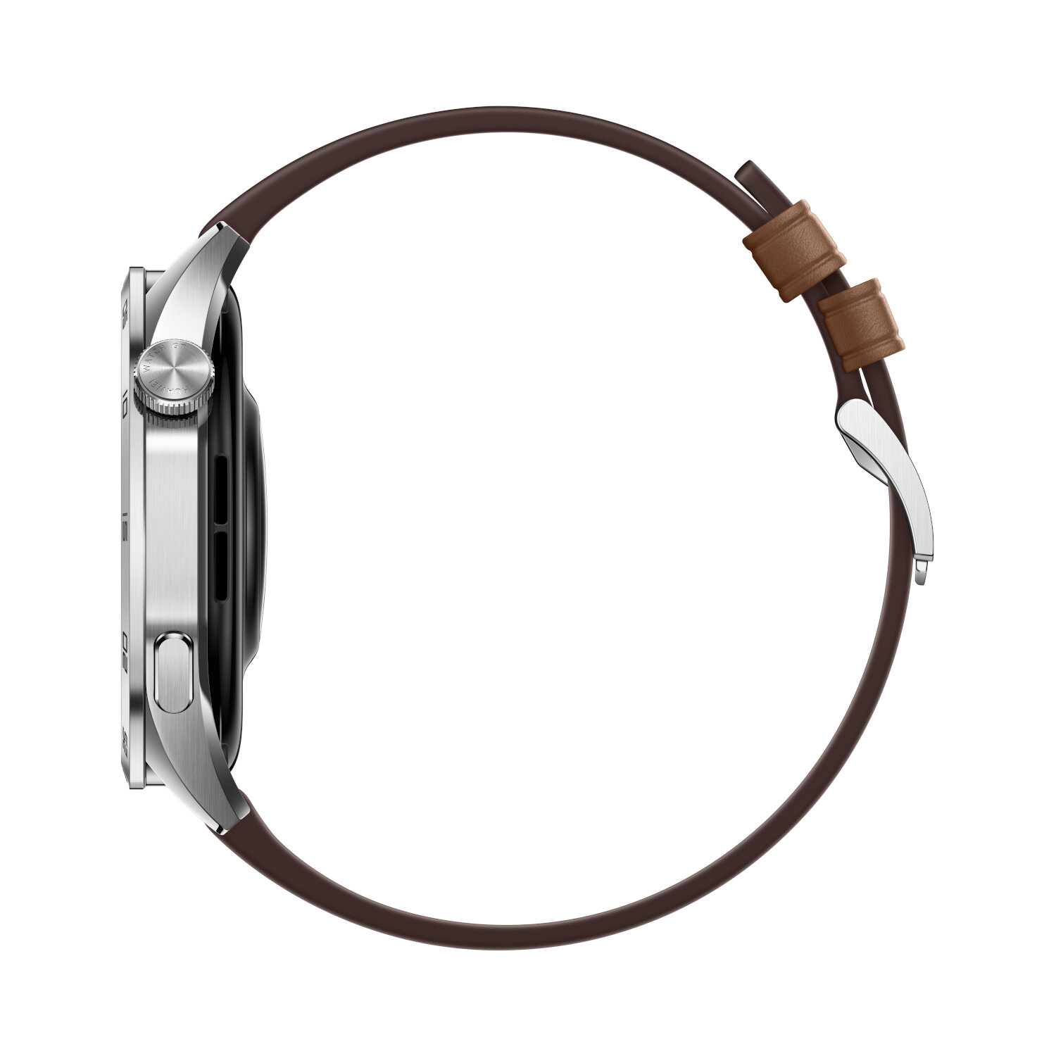 Une montre connectée avec un bracelet en cuir marron. Le boîtier est argenté, et la montre est vue de côté.