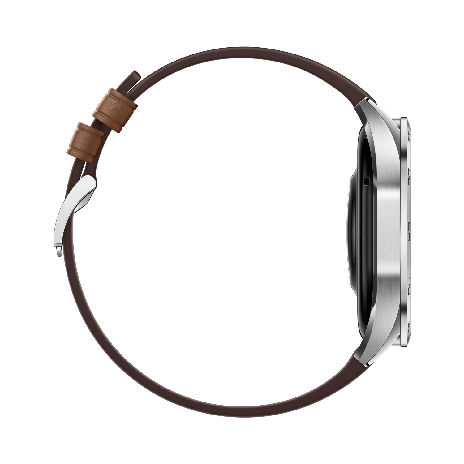 Une montre connectée avec bracelet en cuir marron, boîtier argenté et écran noir. Vue de profil.