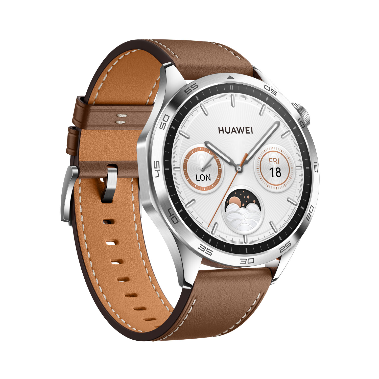 Montre connectée avec bracelet en cuir marron, cadran blanc et boîtier argenté. Affiche l'heure et la date.