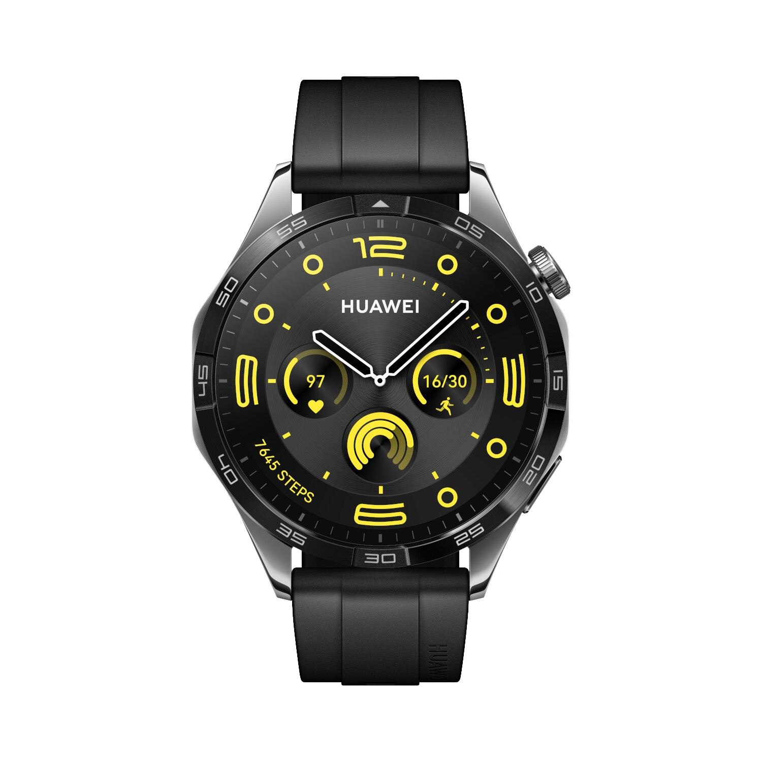 Black Huawei smartwatch with a black band. Display shows time, steps, heart rate, and a workout icon.