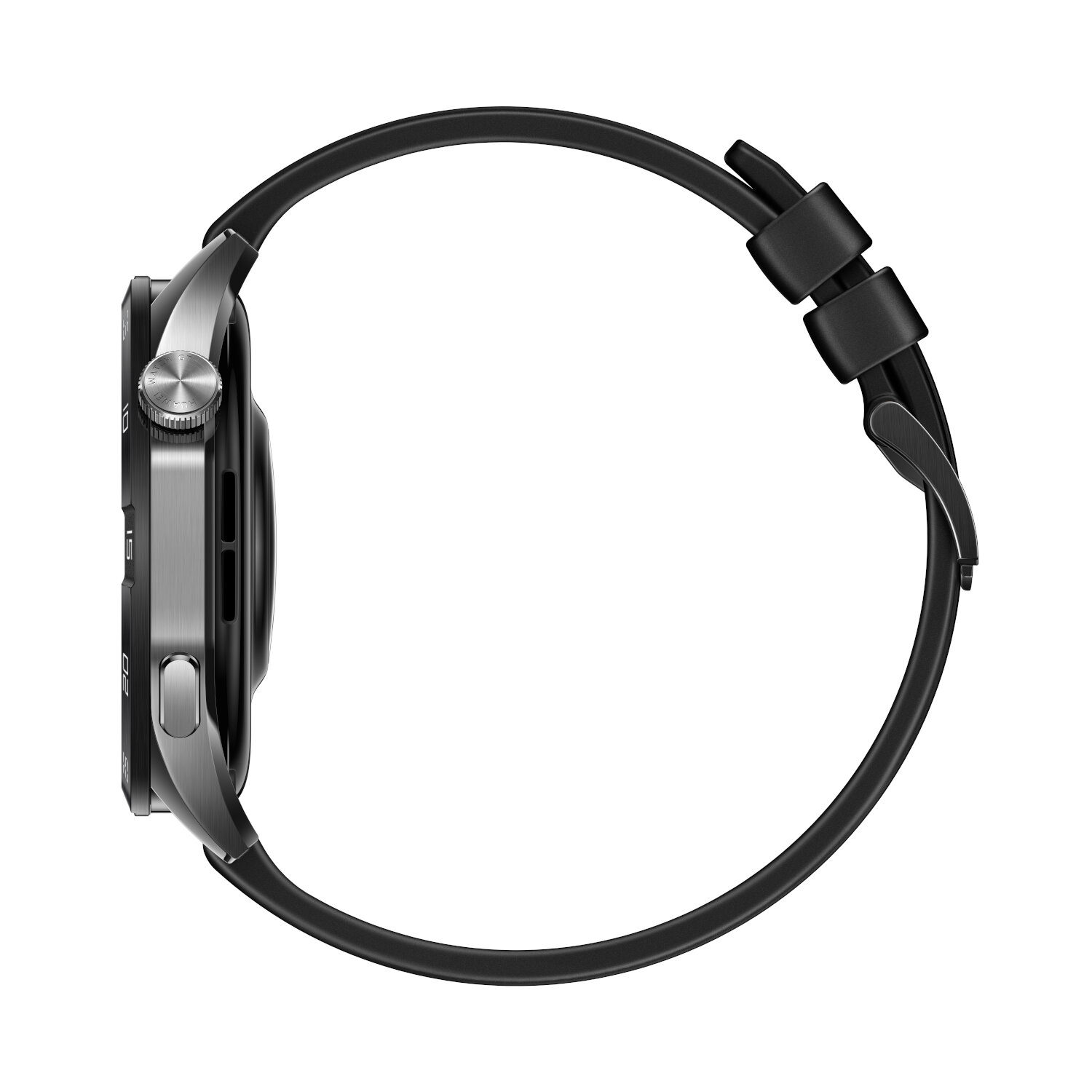 Side view of a dark grey smartwatch with a black band. The watch face is visible.