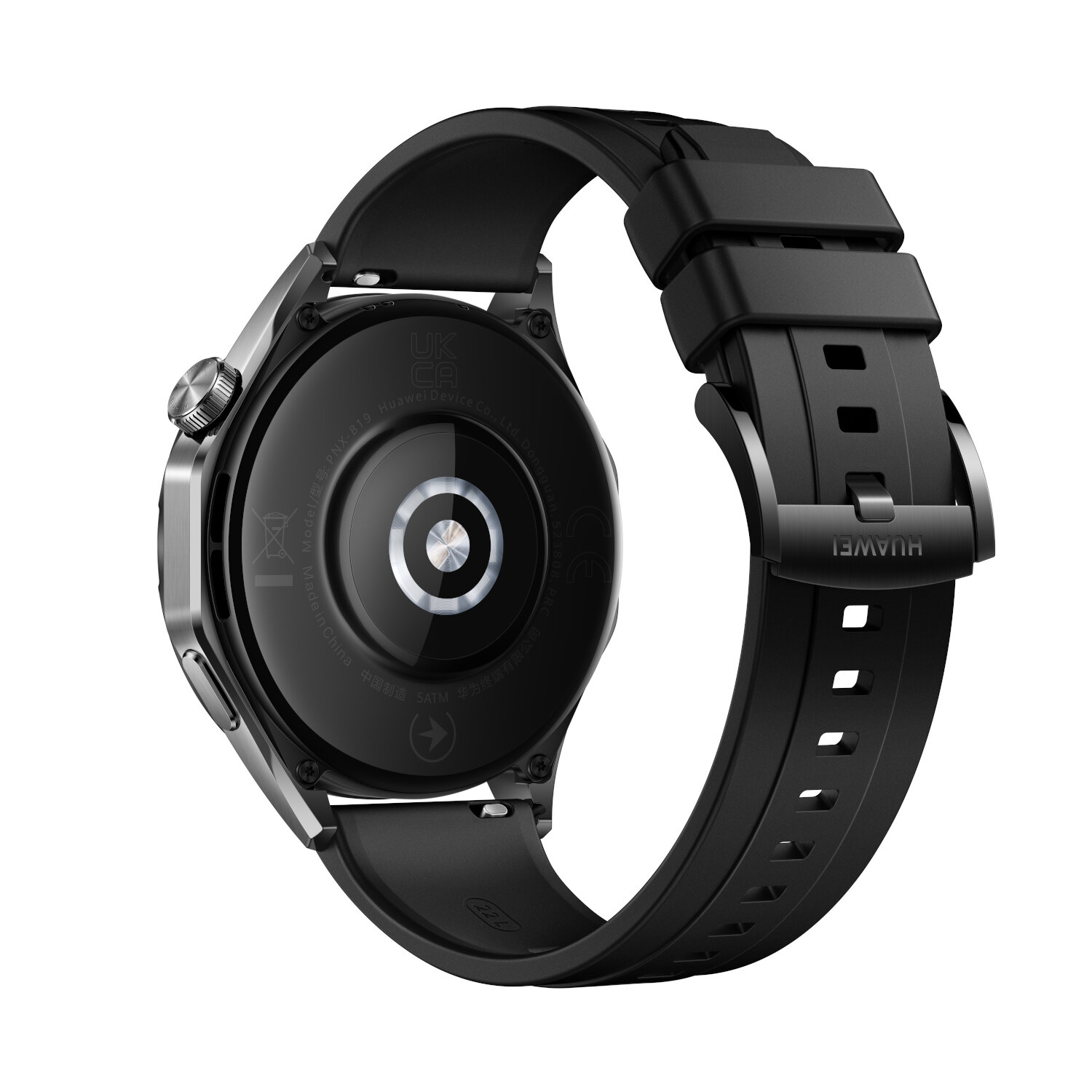 The back of a black smartwatch with a black strap, showing sensors and a logo.