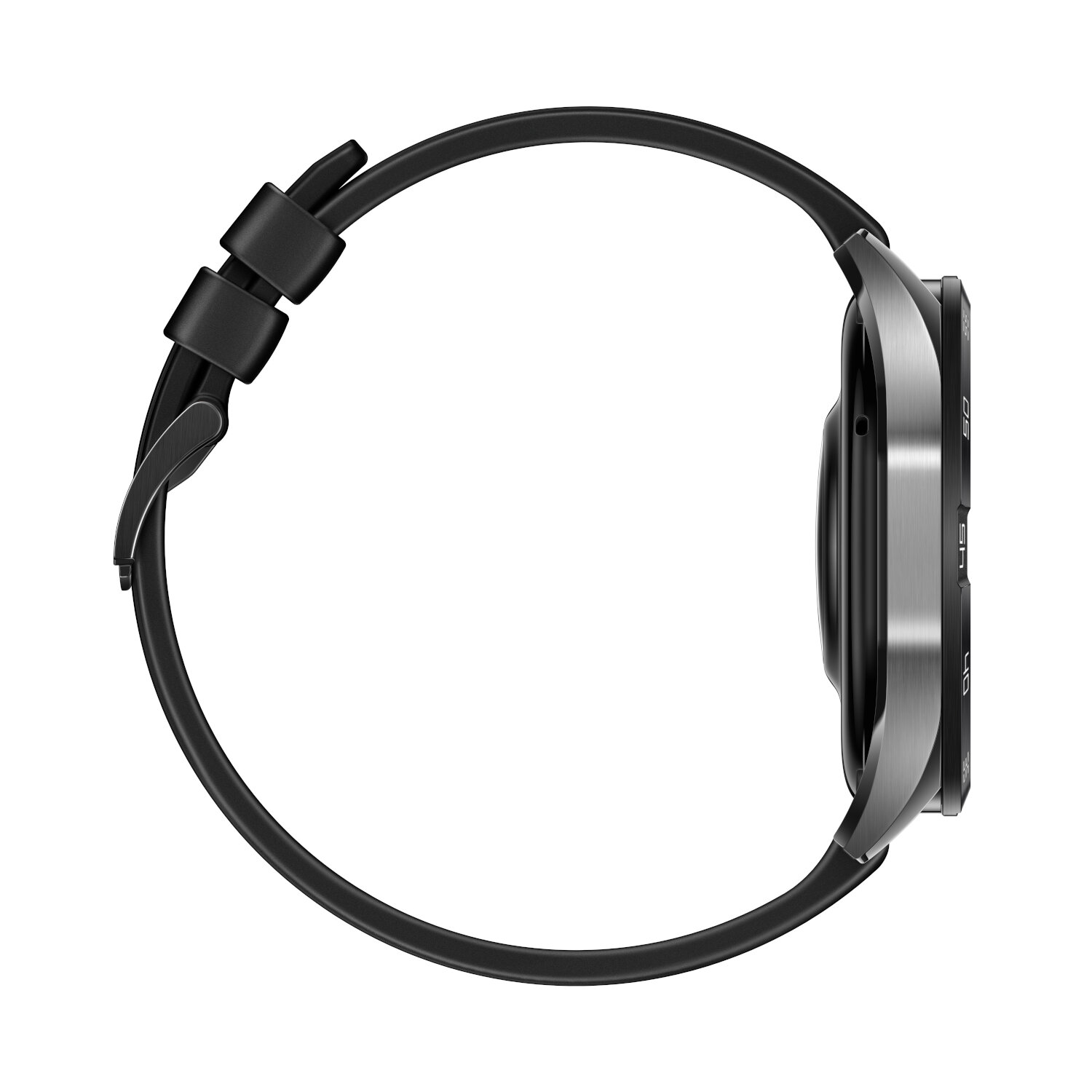 A side view of a black smartwatch with a black band, showing the watch's side profile.
