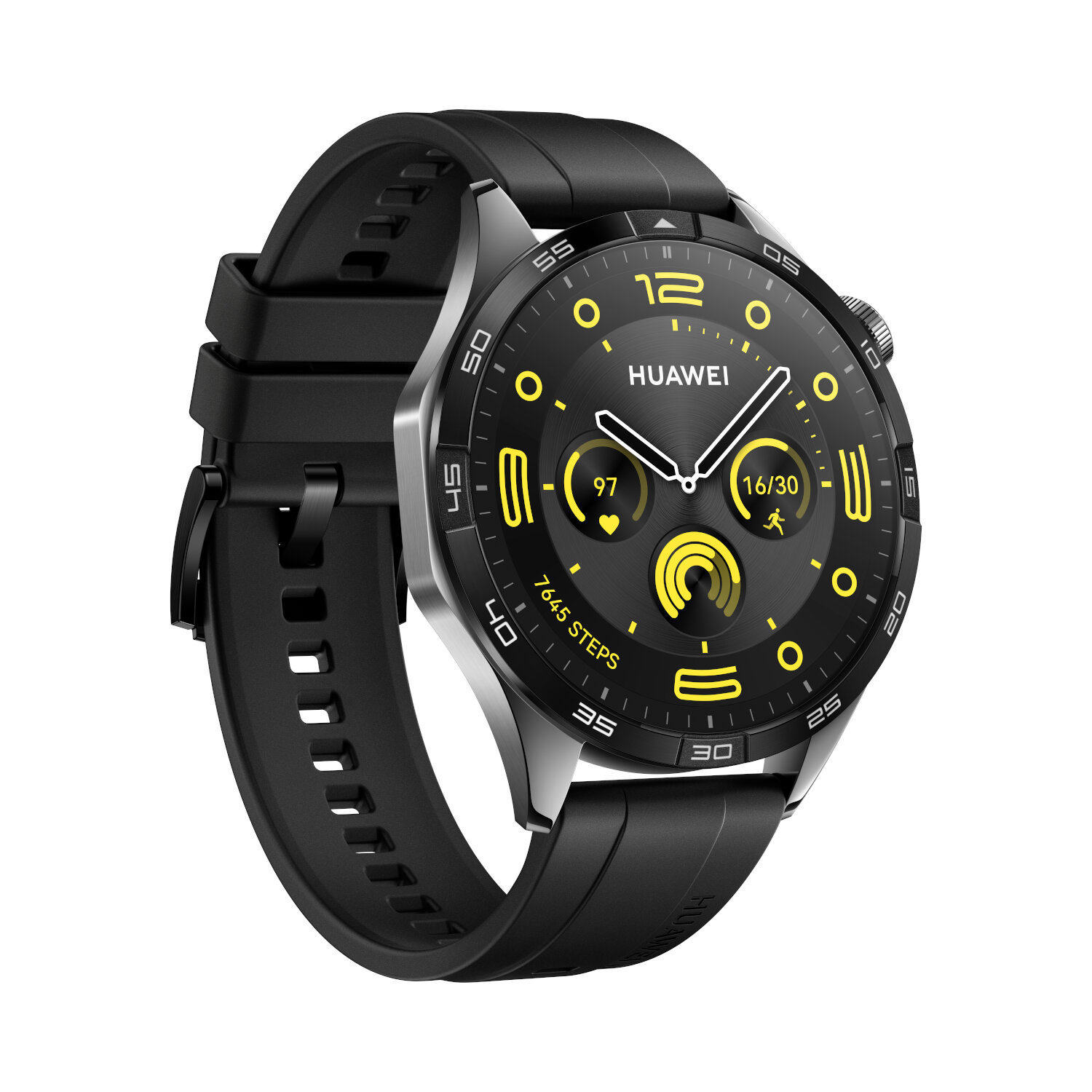 A black Huawei smartwatch with a black strap, displaying a digital watch face.