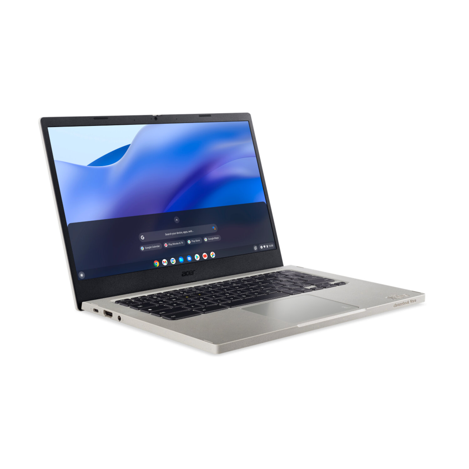 Silver Acer Chromebook laptop open on a white background.
