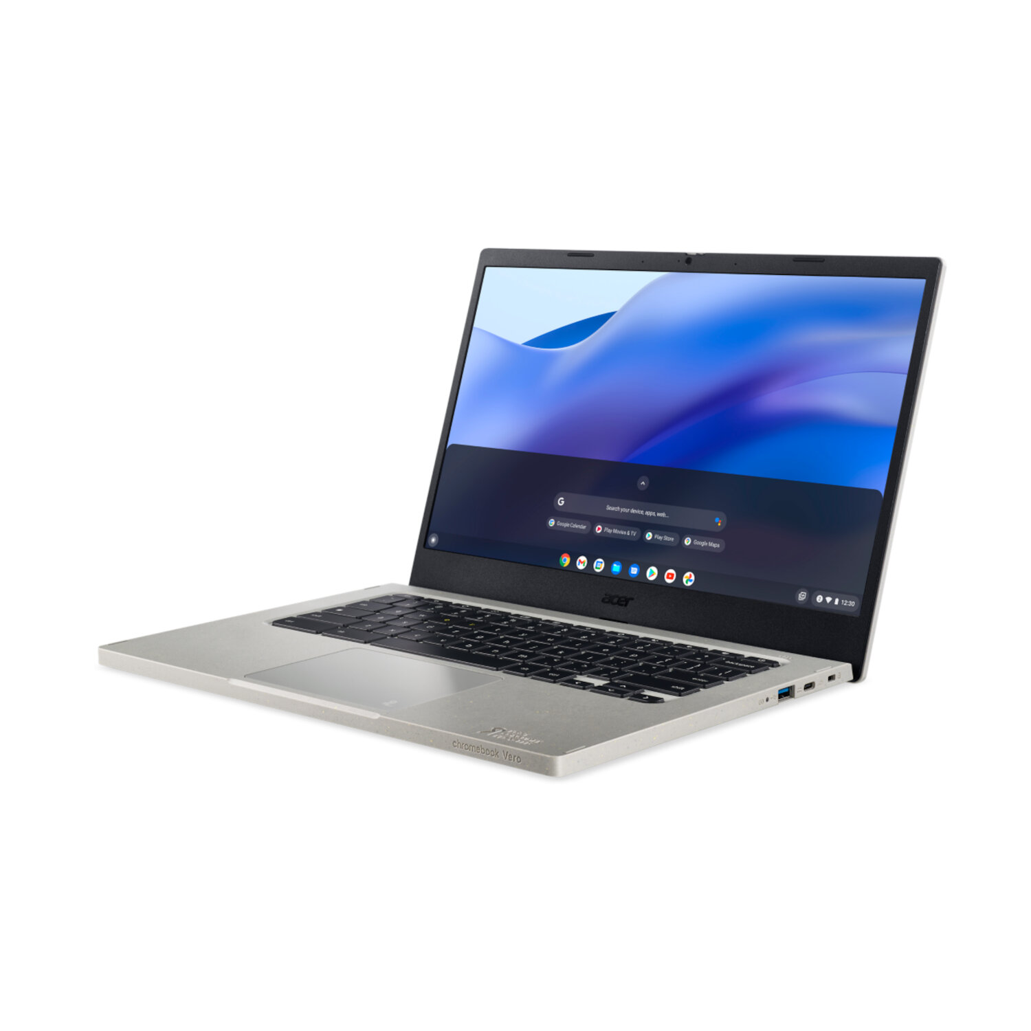 Silver Acer laptop open on a desk, displaying a website on its screen.