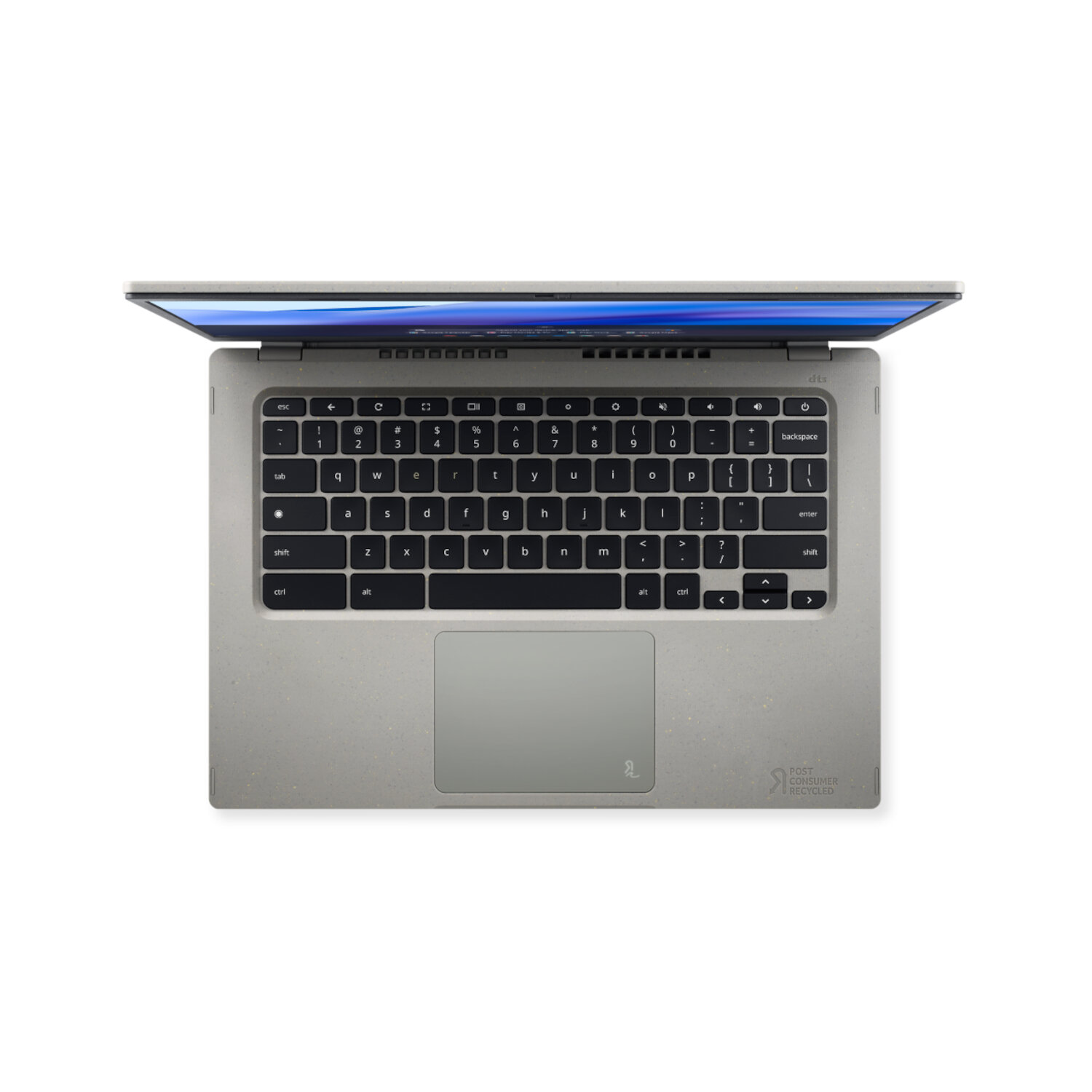 A top-down view of a laptop with a keyboard and trackpad; a logo is visible on the trackpad.